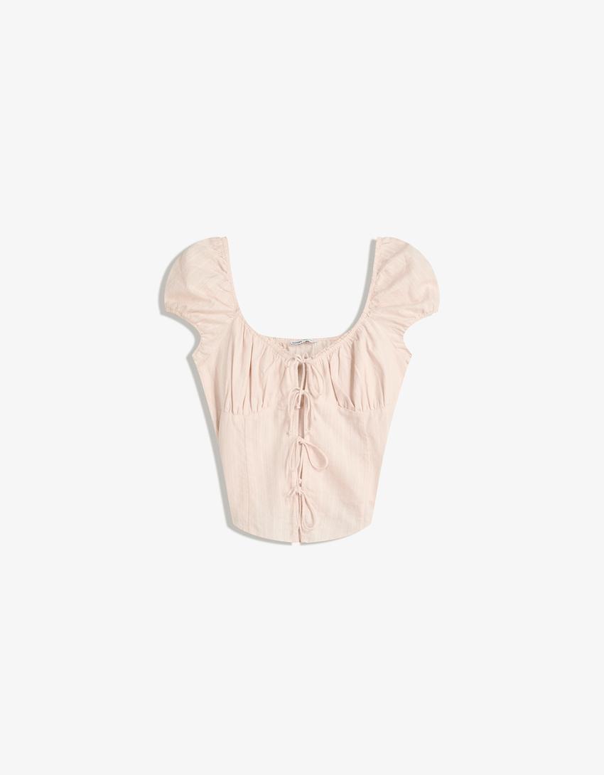 Blusa a maniche corte con struttura e lacci-Rosa-3