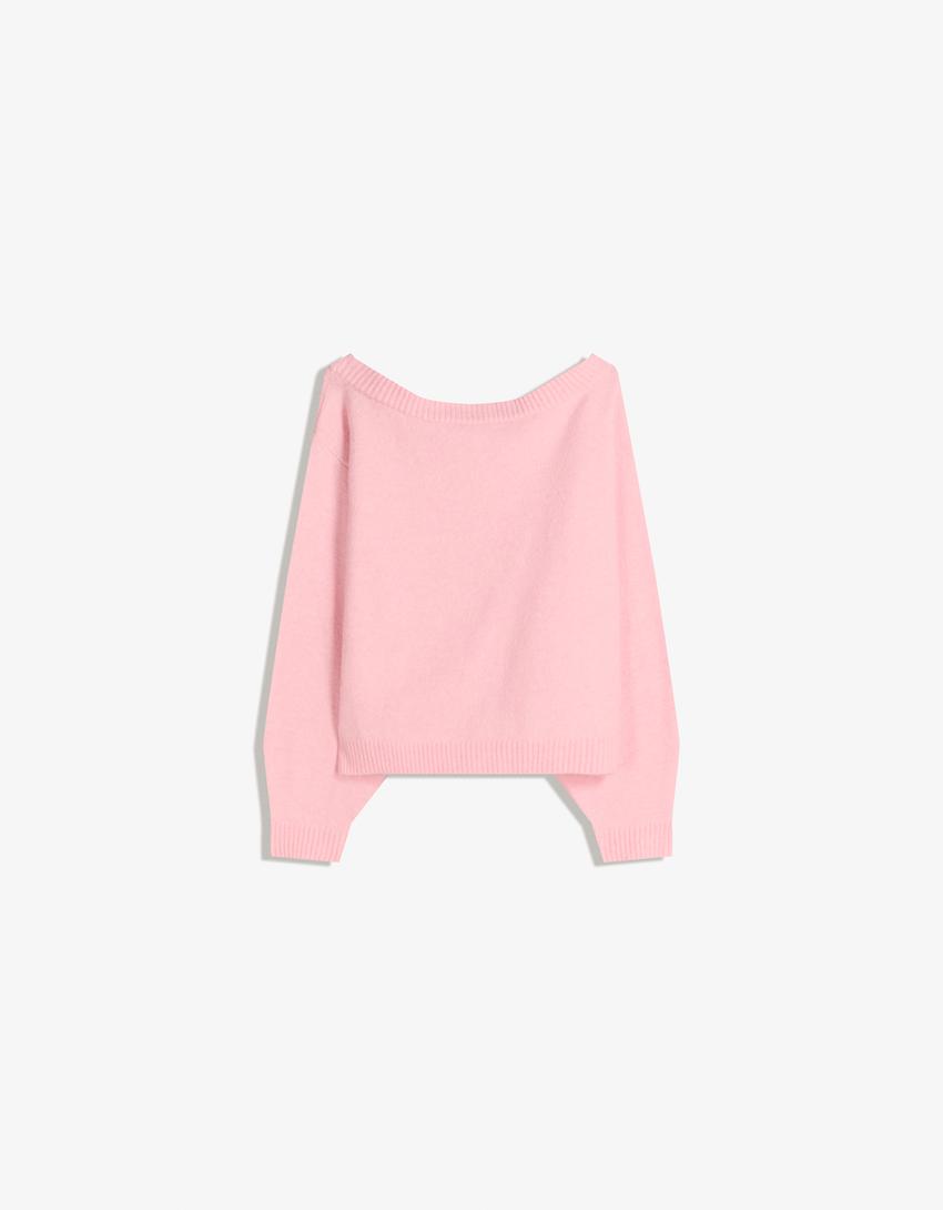 Camisola com nervuras e decote bardot-Rosa
