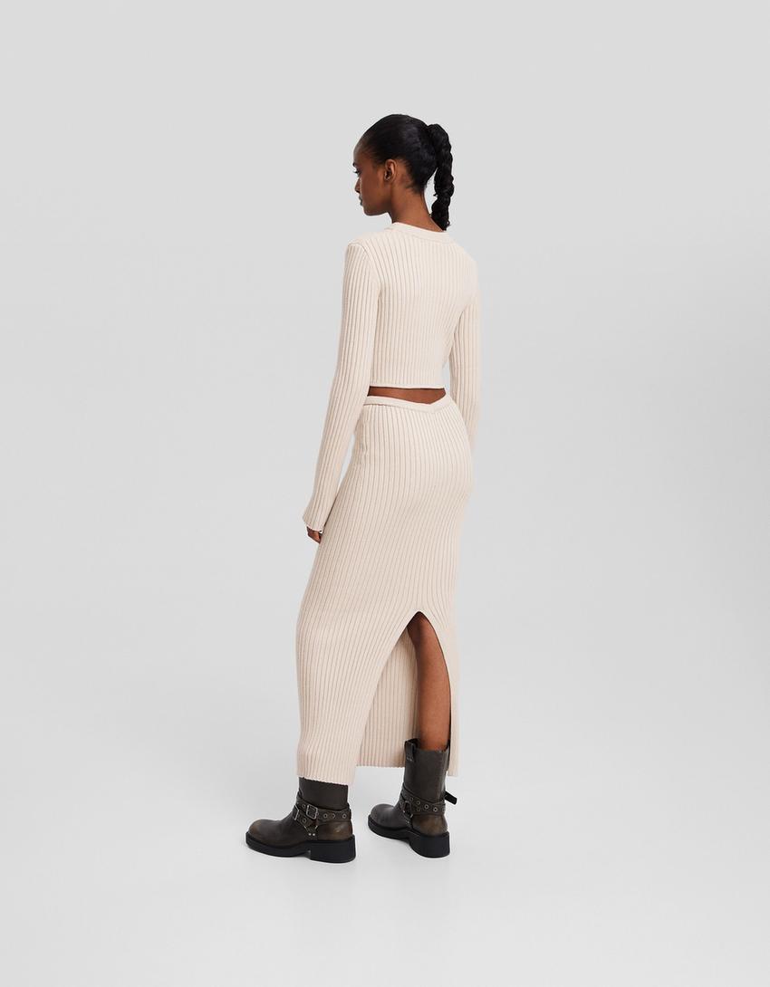 Ribbed knit midi skirt-Grey