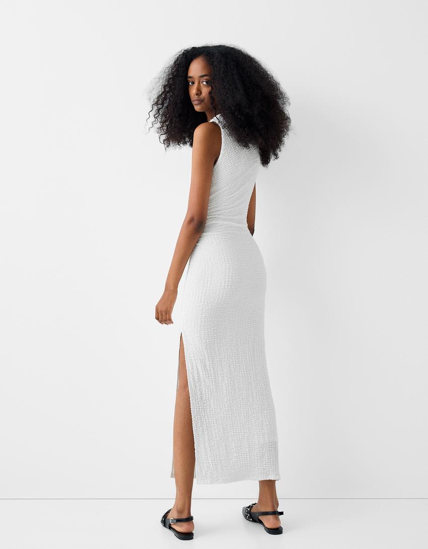 Robe midi sans manches mousseline froncée-Blanc cassé-2