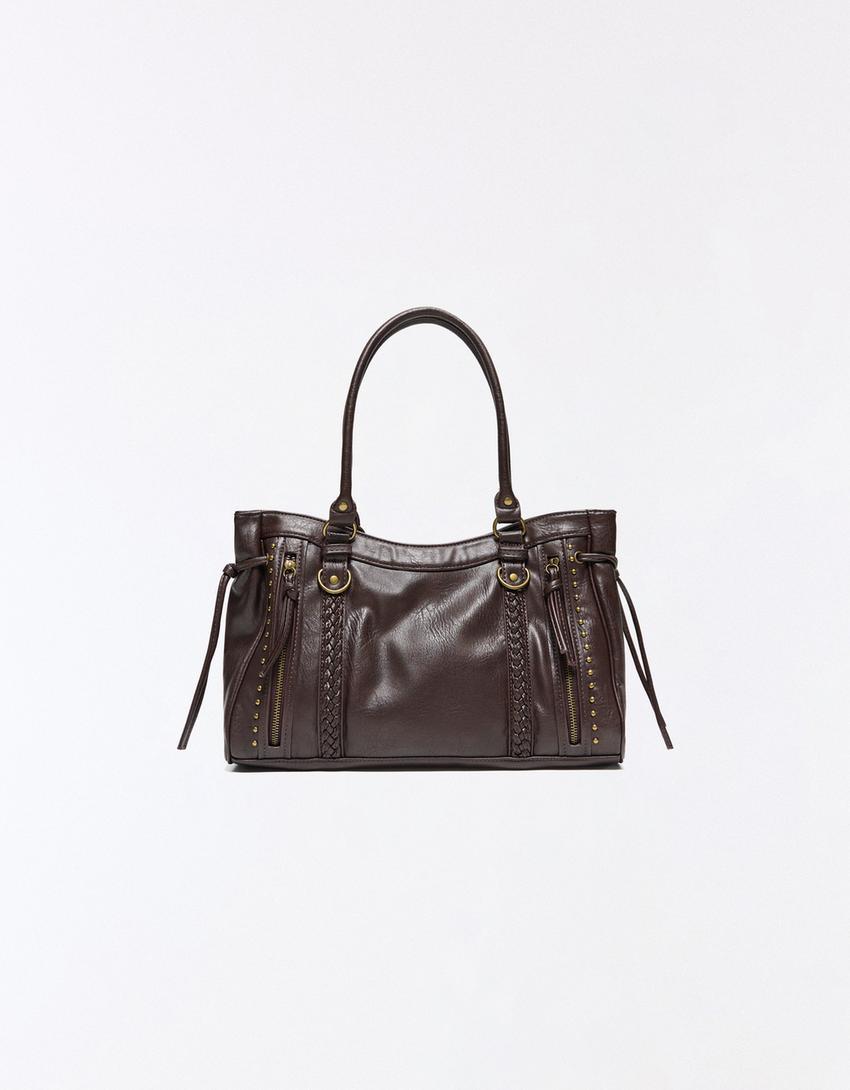 Bag with zips and studs-Brown