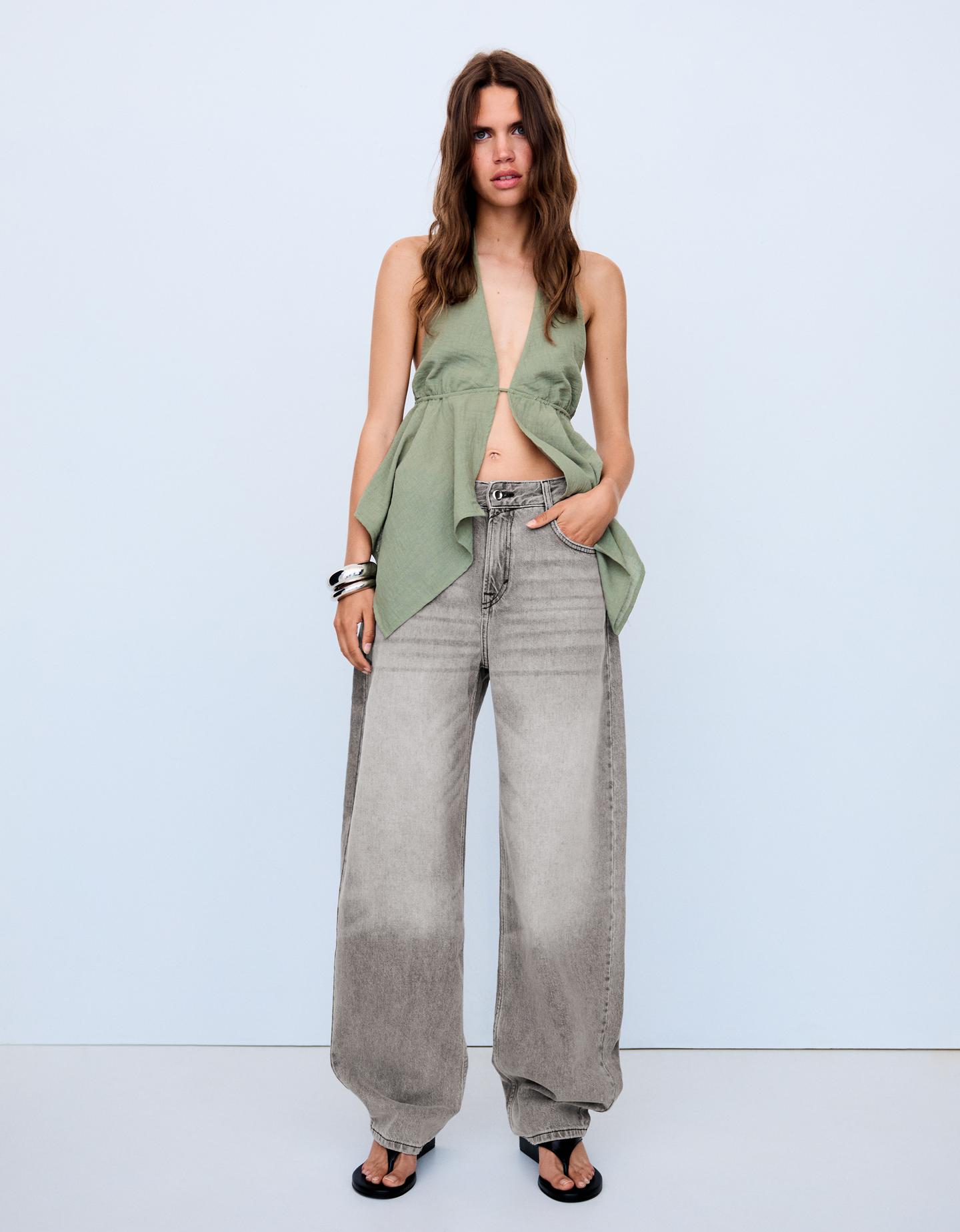 Bershka Jeans Barrel Fit Vita Alta Donna 42 (Eur 38) Grigio