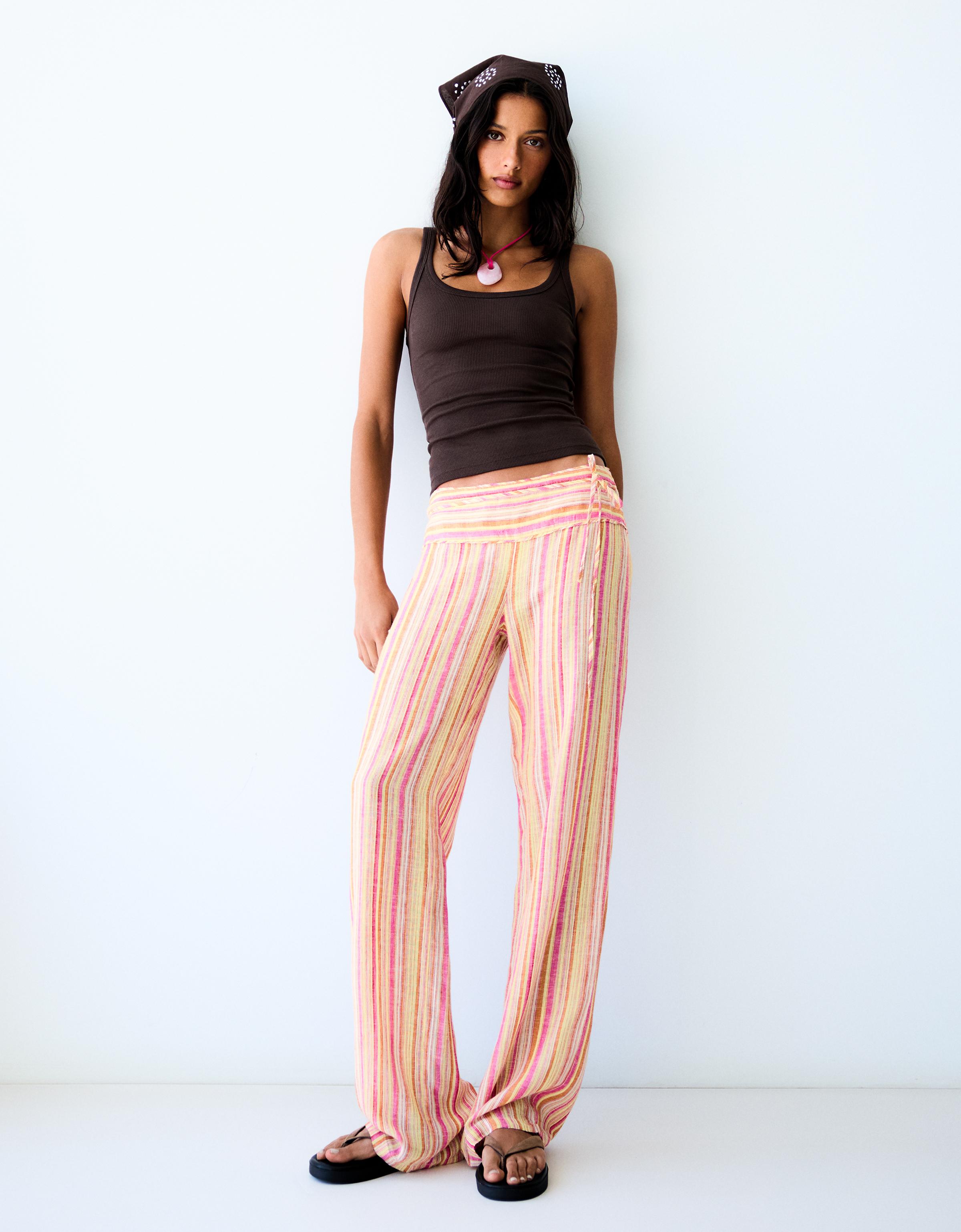 Pantalón Con Lino Rayas Mujer 40 Amarillo