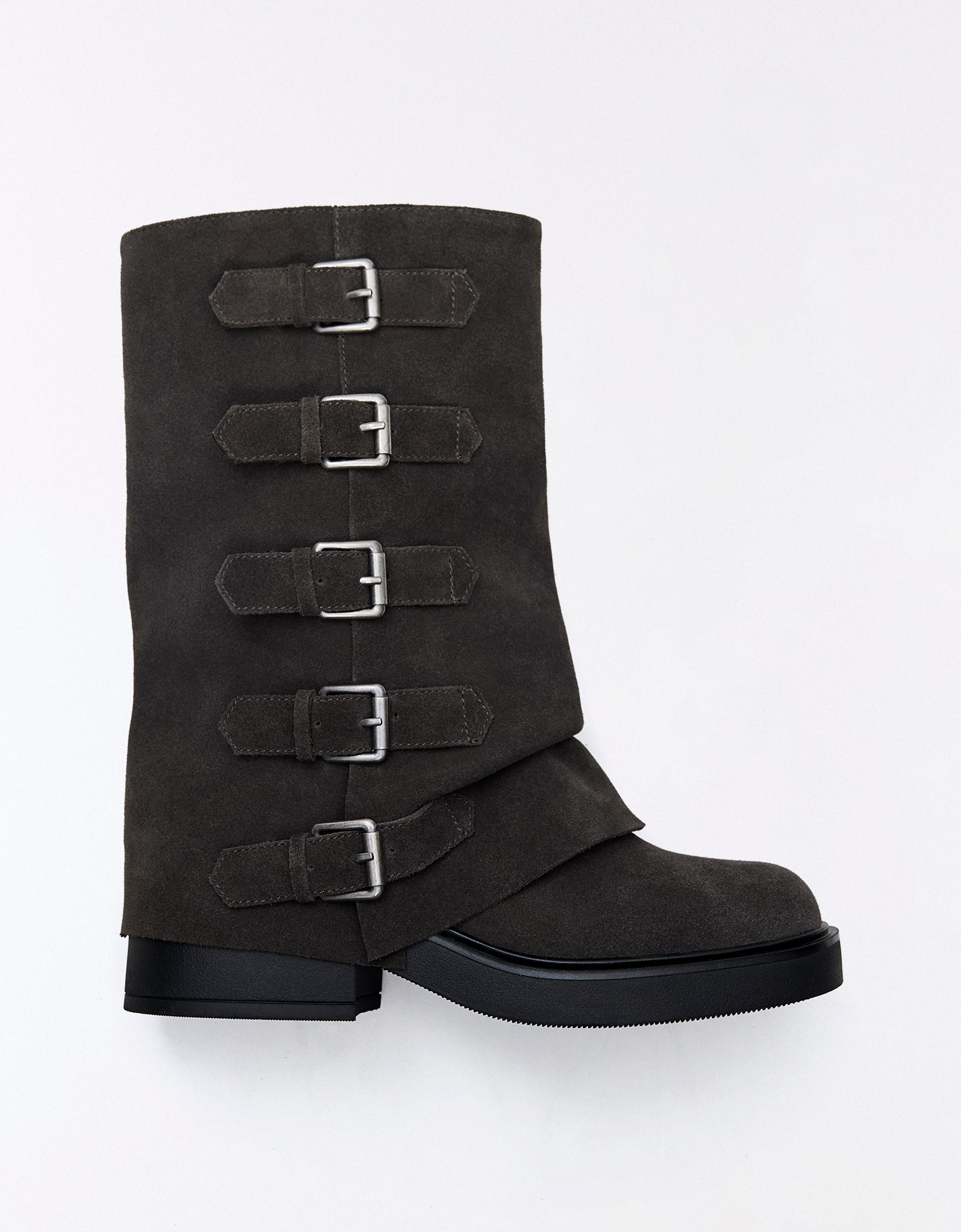 LEATHER TROUSER ANKLE BOOTS WITH BUCKLES — TAUPE