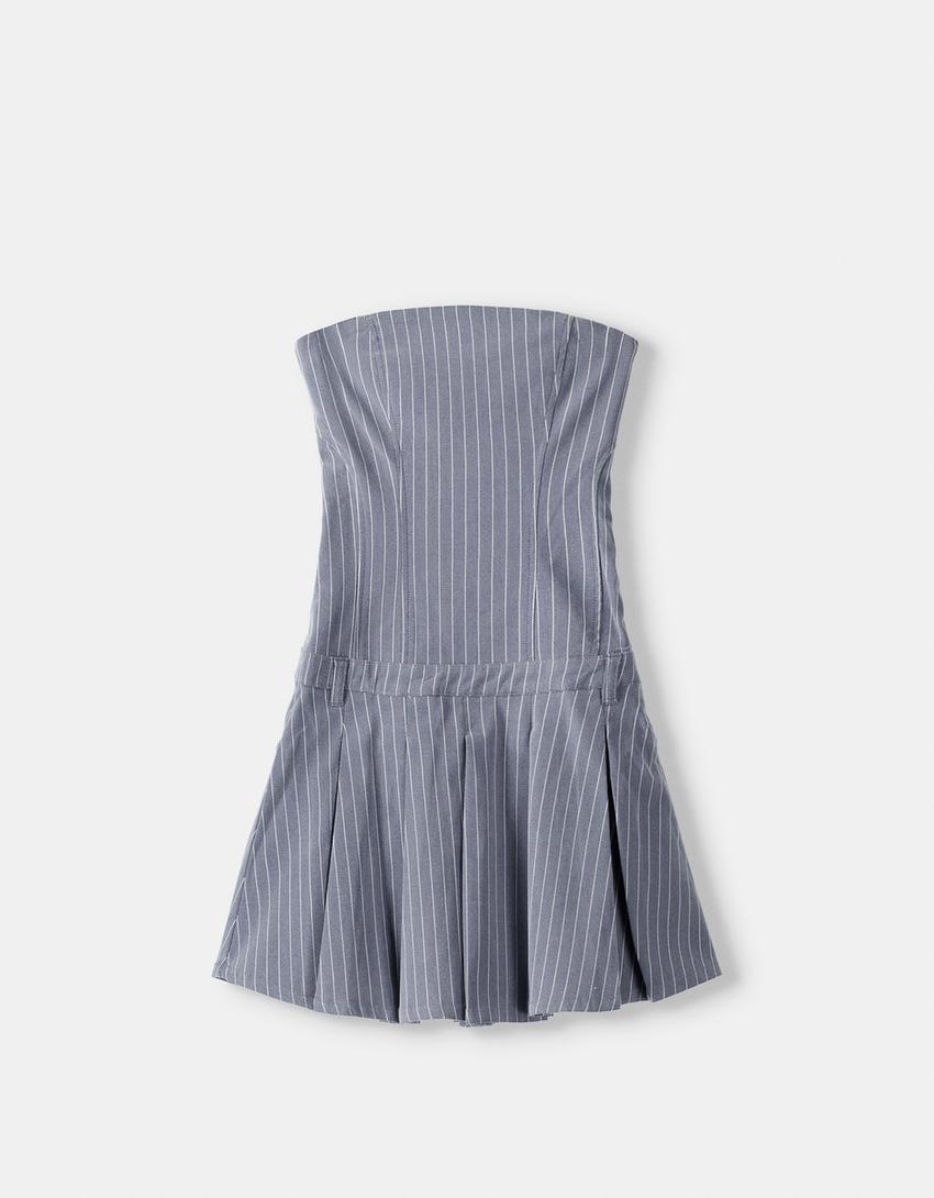Short striped stretch box pleat dress-Blue