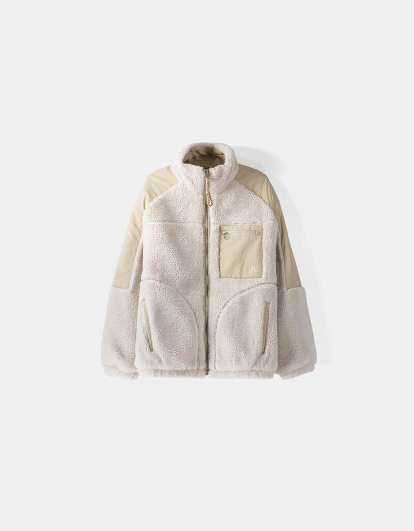 Contrast faux shearling nylon blend jacket-Cream-4