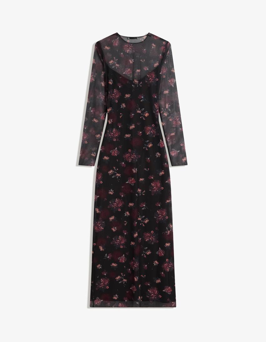 Vestido midi manga larga tul-Burdeos