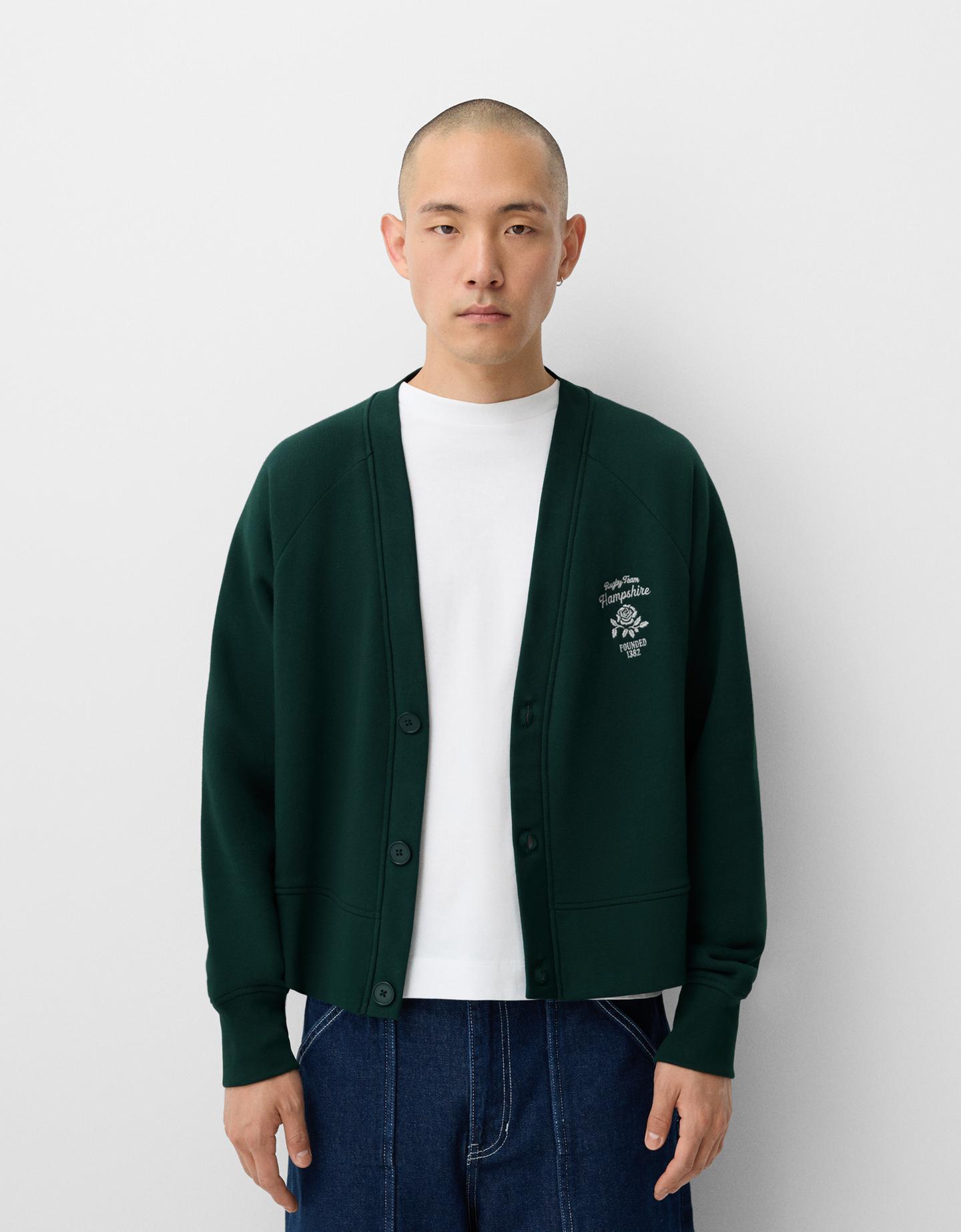 Bershka Cardigan Stampa Ricamo Uomo Xl Verde