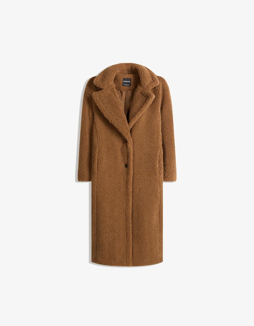 Long faux shearling coat-Camel