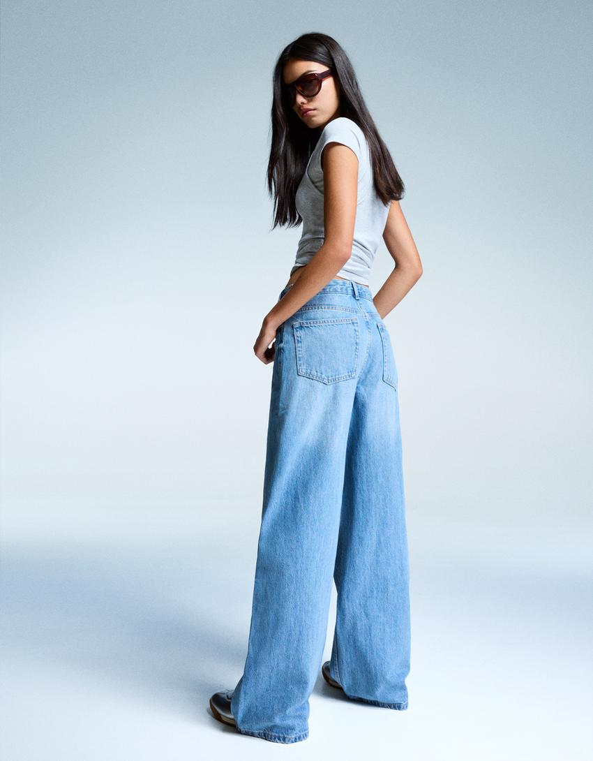 Wide-leg jeans with crossover waist-Light blue