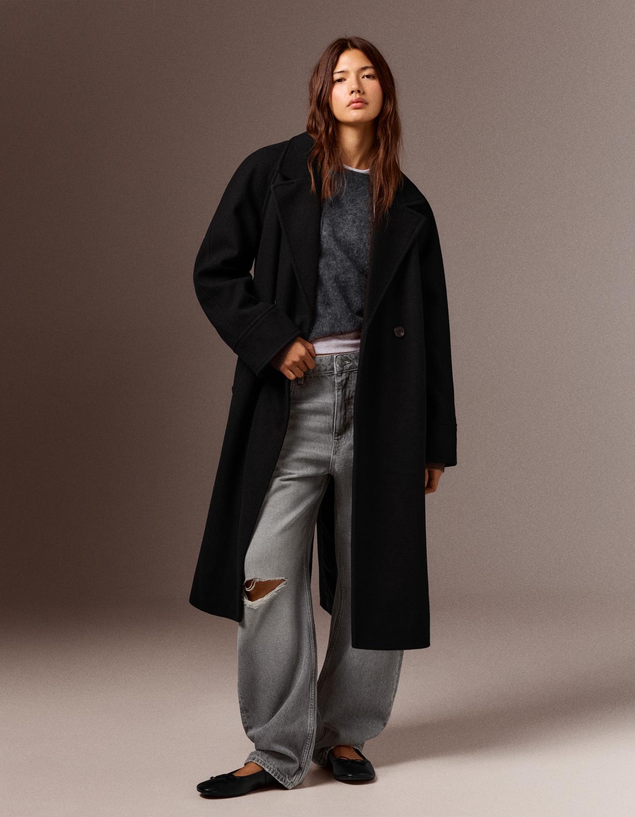 Soft-touch long coat with belt — Black