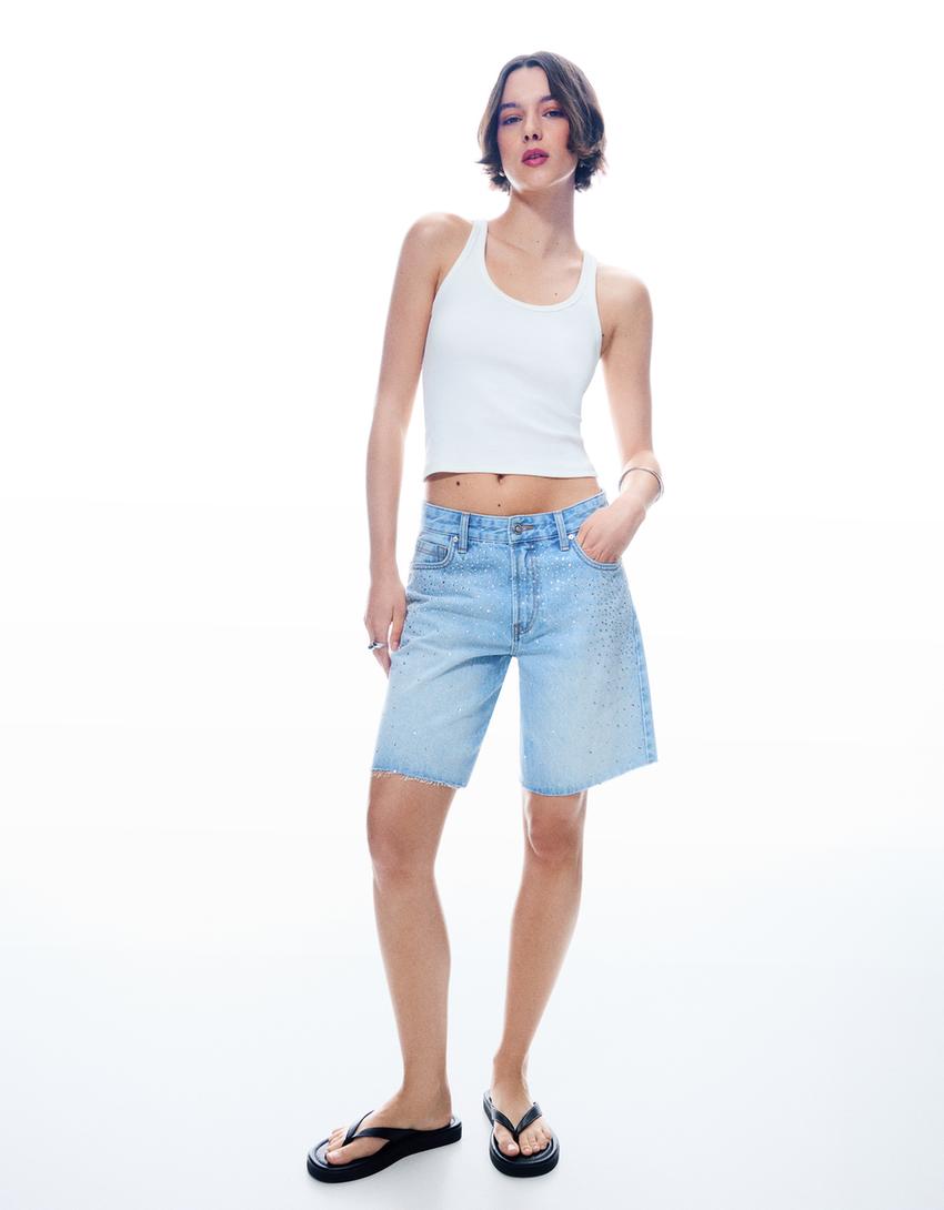 Calções bermuda em denim com brilho-Azul lavado-3