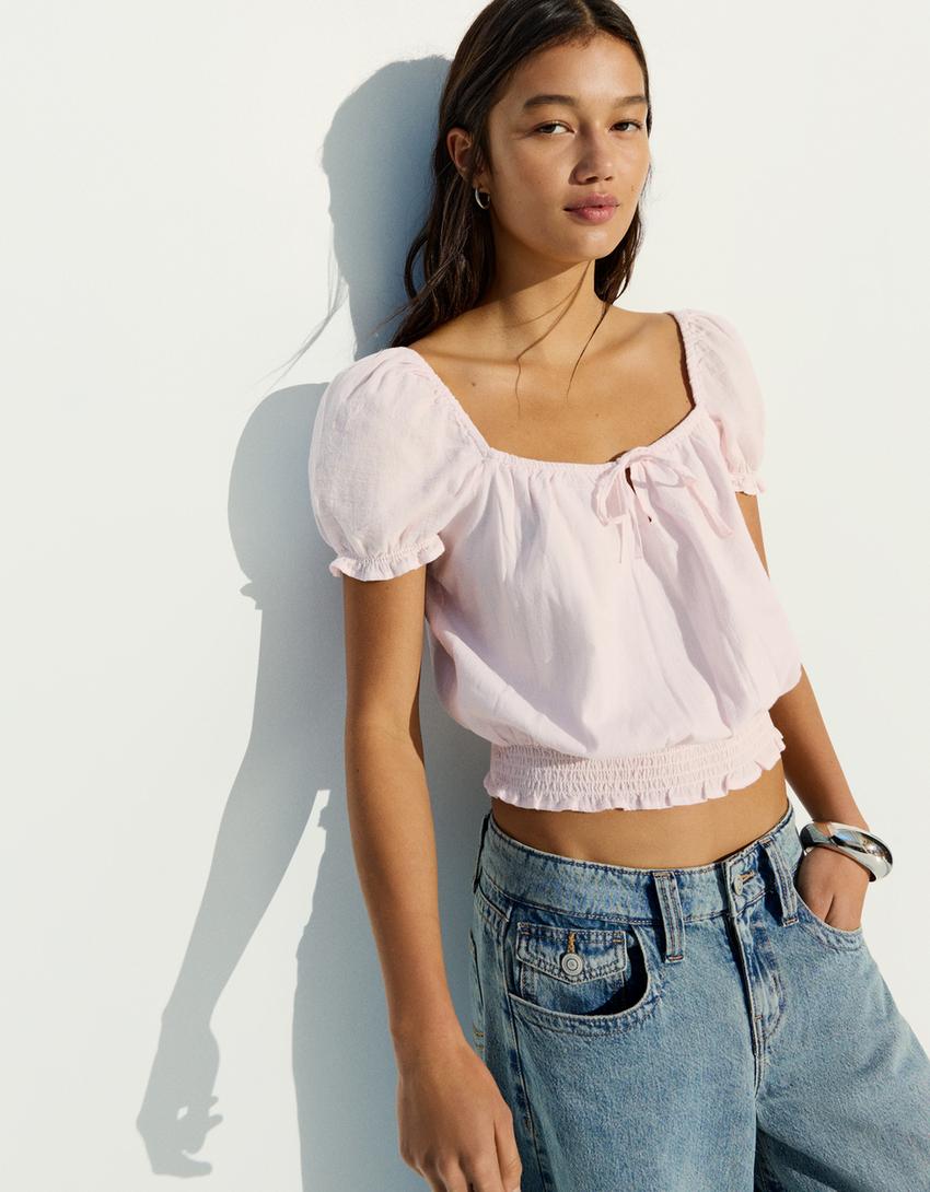 Rustic puff sleeve blouse-Pink