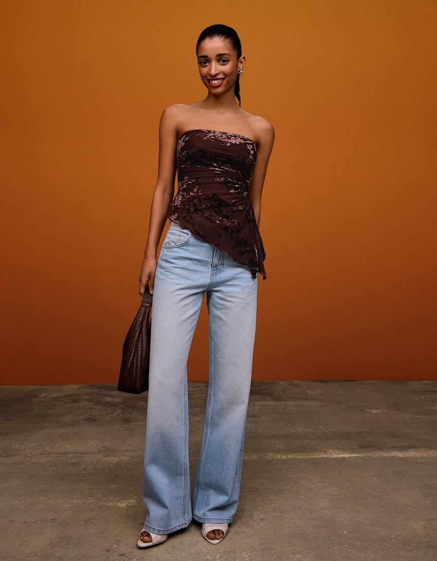 Asymmetric velvet print bandeau top with ruching-Brown