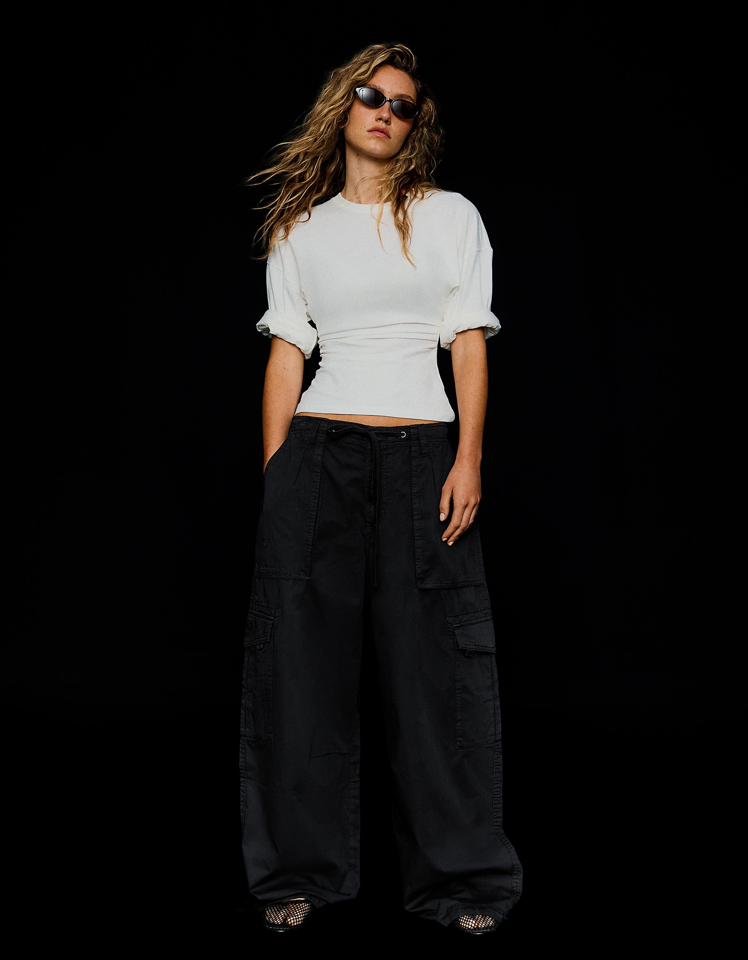 Bershka Pantalón Cargo Parachute Mujer L Negro