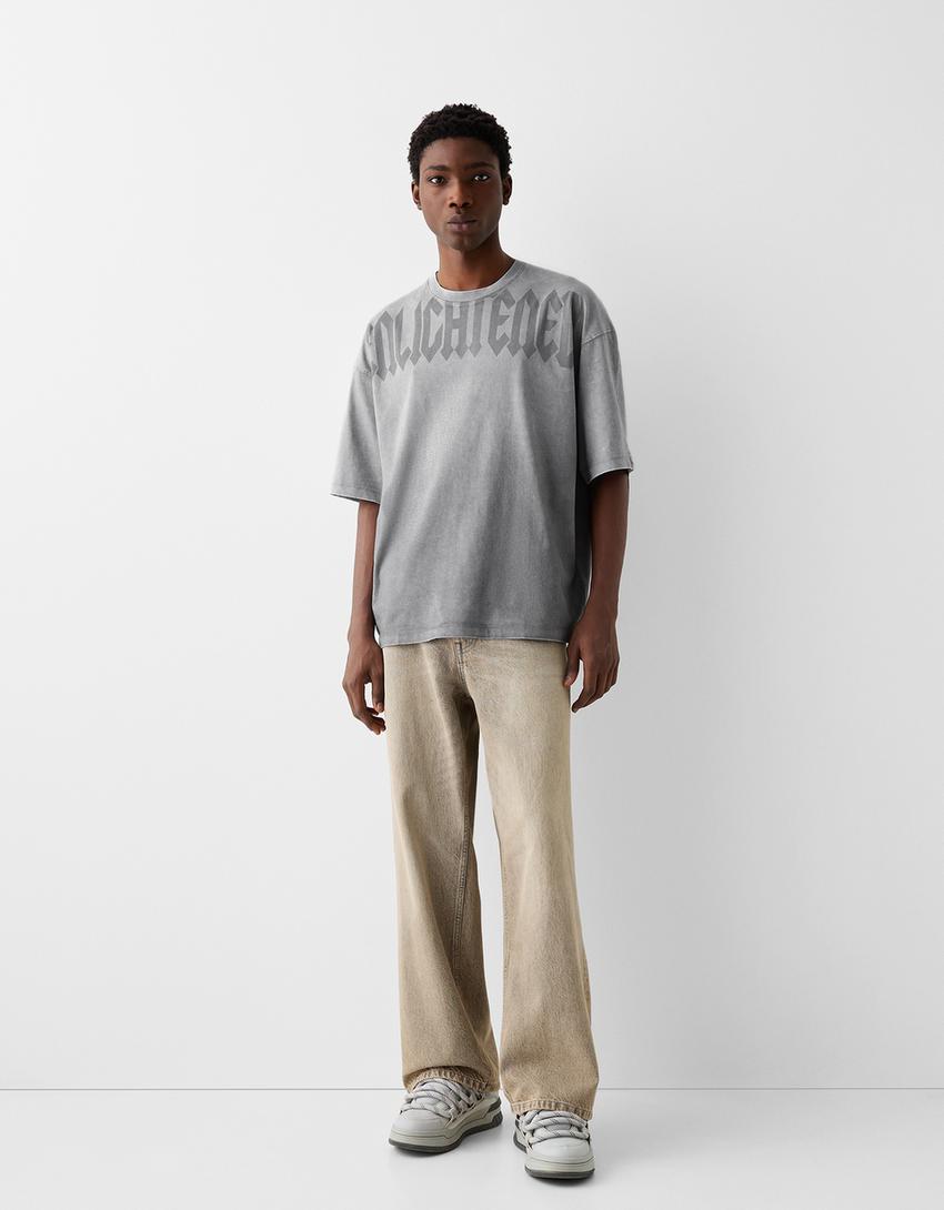 T-shirt oversize effet délavé imprimé-Gris-3