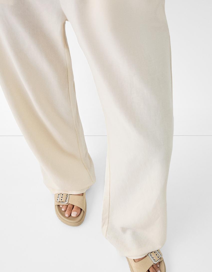Straight-leg linen blend pants with an elastic waist-Sand-3