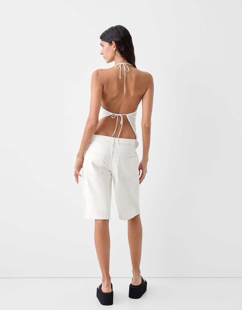 توب شريطي بملمس بارز وطبعة زهور-أبيض مطفي-1