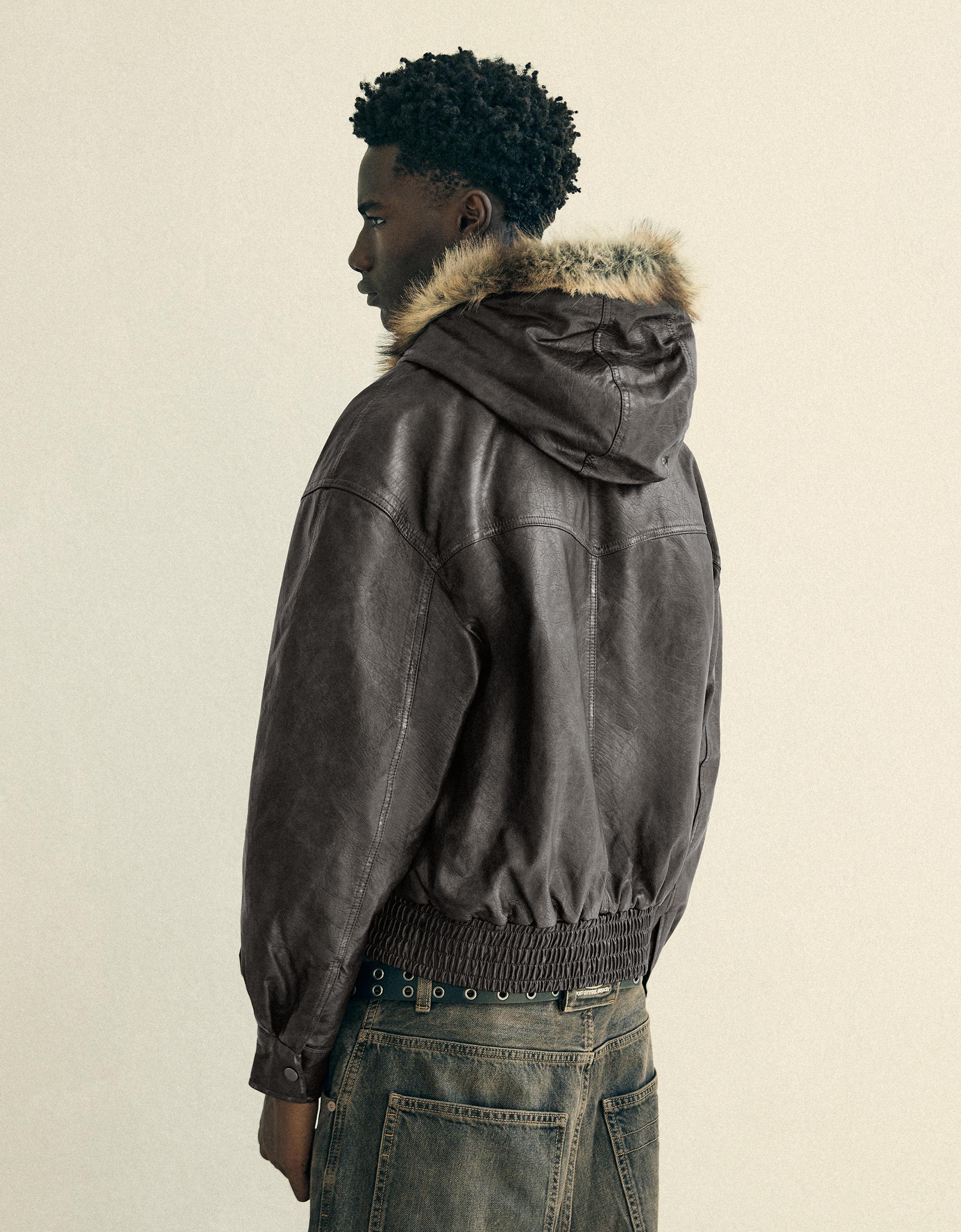 Leather effect jacket with faux fur hood — Brown