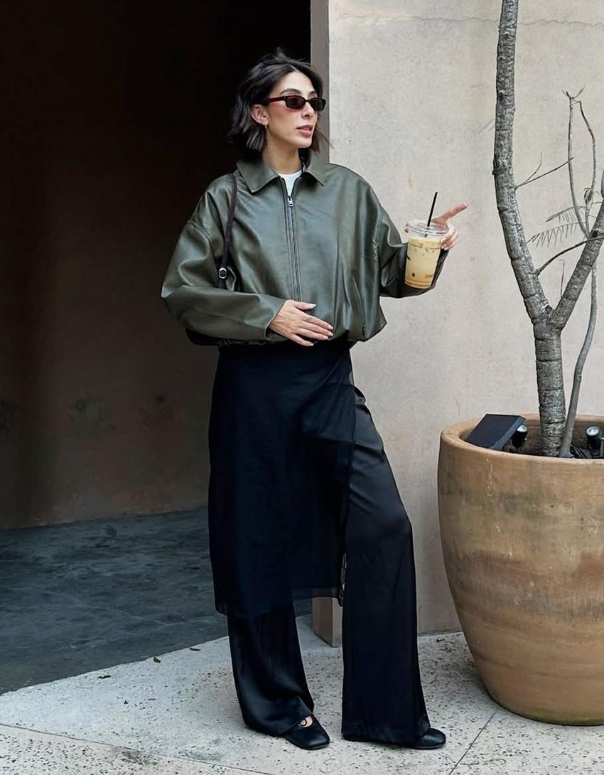 Faux leather bomber jacket with belt-Khaki