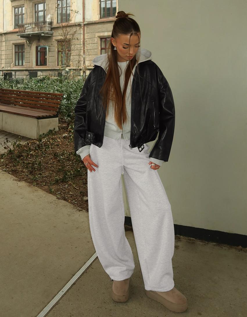 Plush barrel trousers with stoppers-Grey