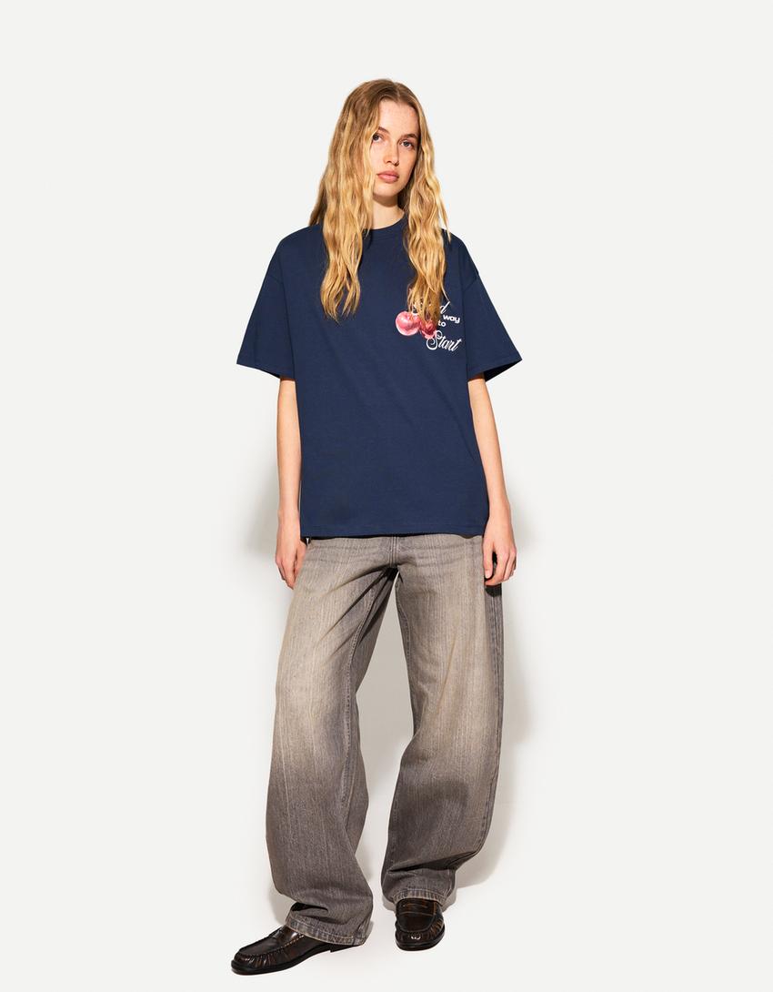 Printed short sleeve oversize T-shirt-Navy-2