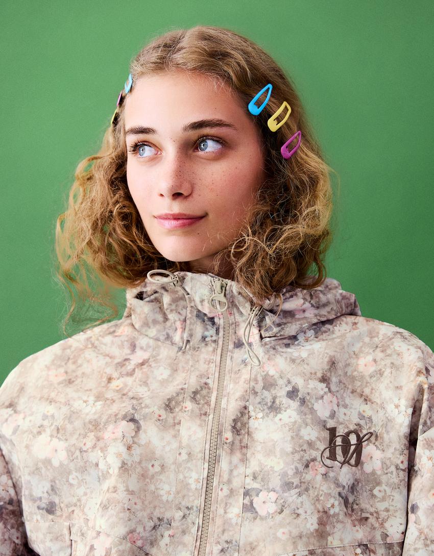 Water resistant ve windproof desenli kapüşonlu ceket-Bej