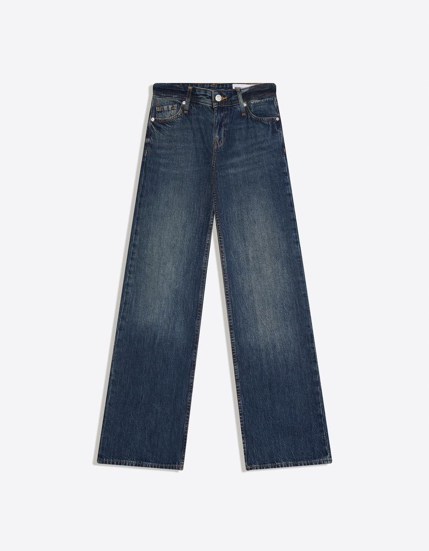 جينز مستقيم بخصر منخفض-أزرق