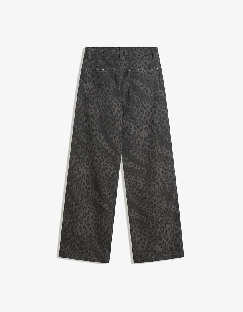 Straight-Leg-Hose im Animalprint mit Nieten-Dunkelgrau-4