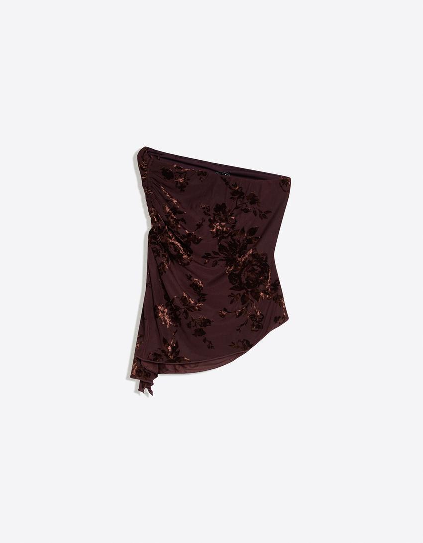 Top bandeau asymétrique imprimé velours froncé-Marron