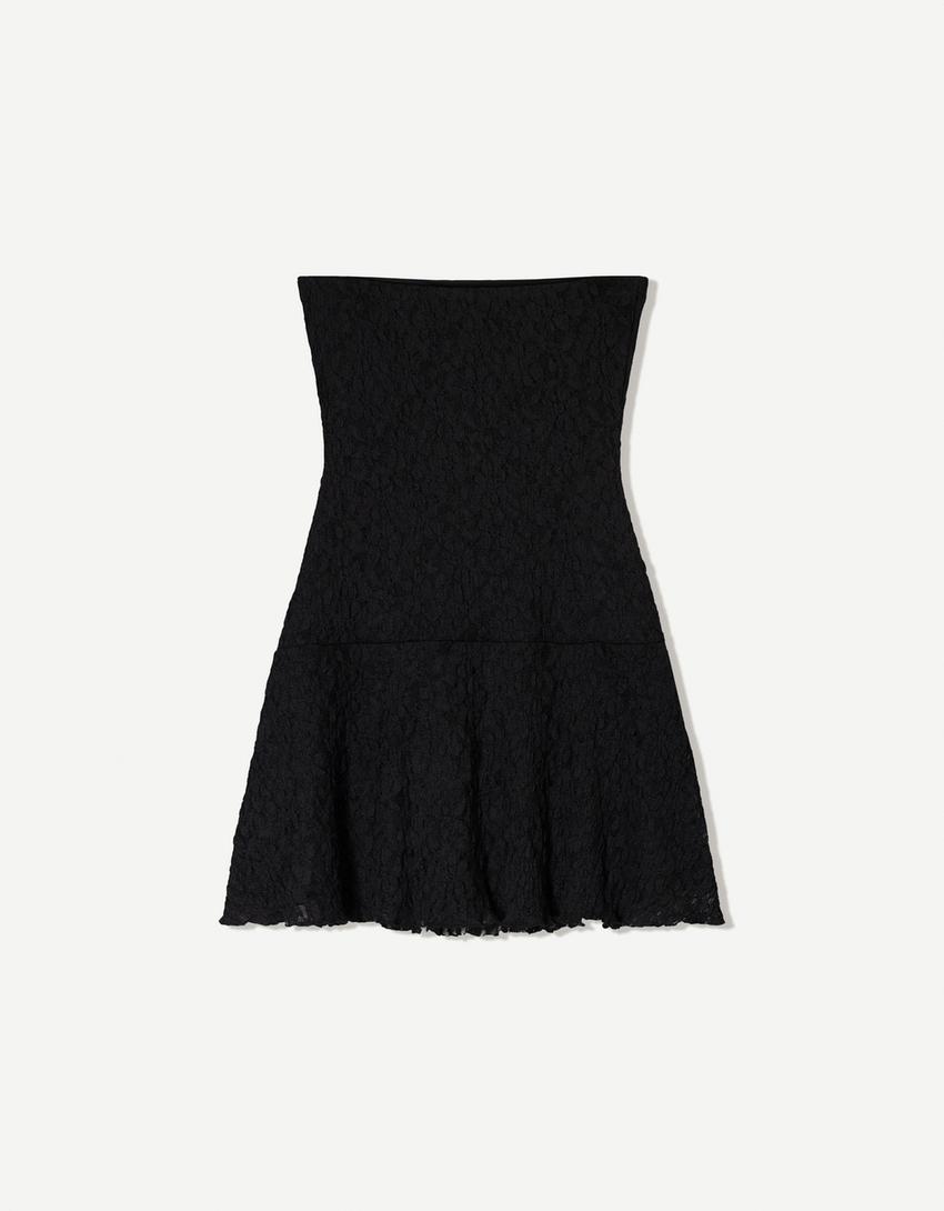 Lace mini dress with bandeau neckline-Black