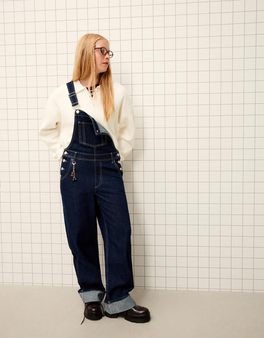 Combinaison en jean à bretelles oversize-Marine-0