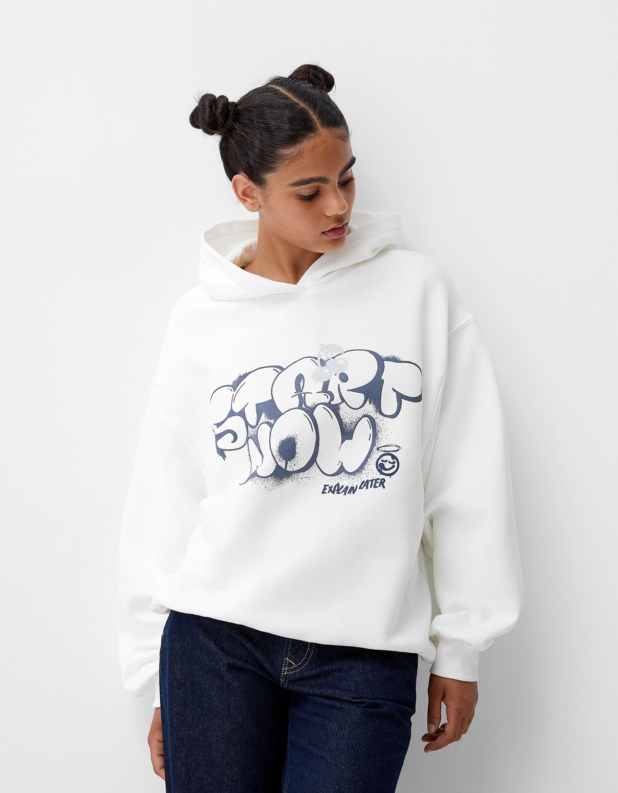 Bershka Hoodie Mit Print Damen M Weiss