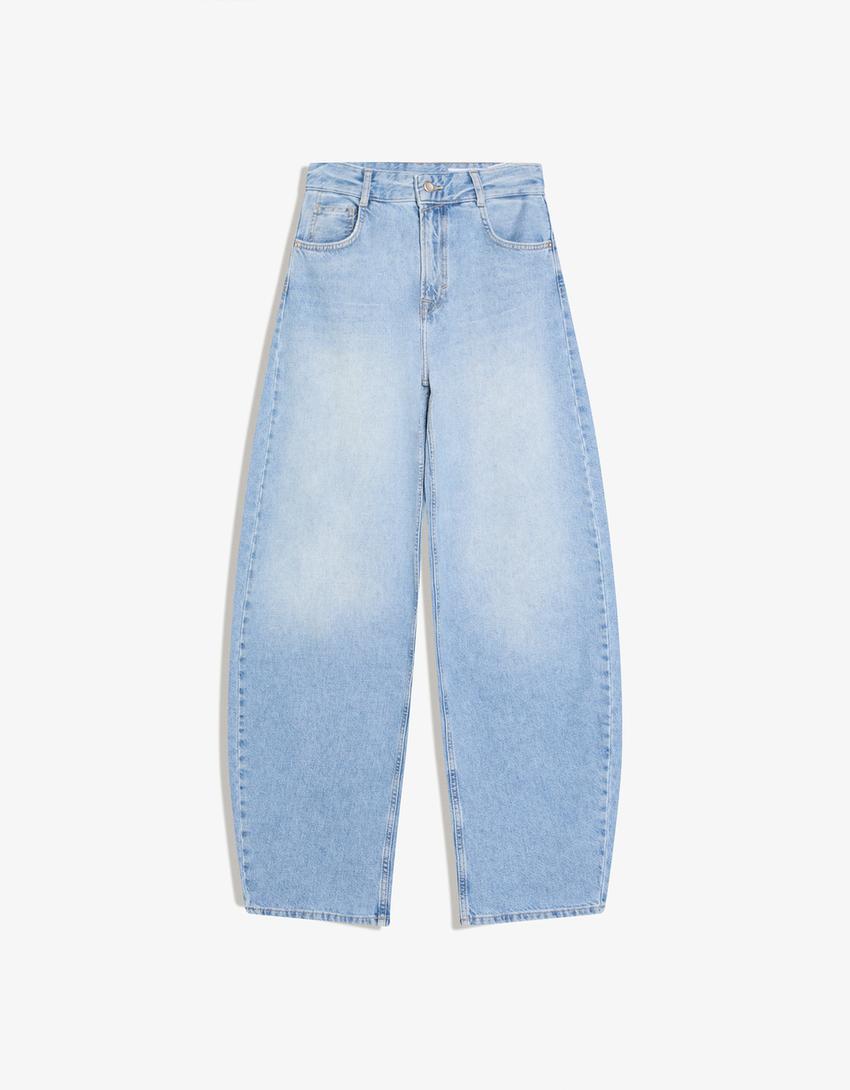 Jeans barrel tiro alto-Azul lavado