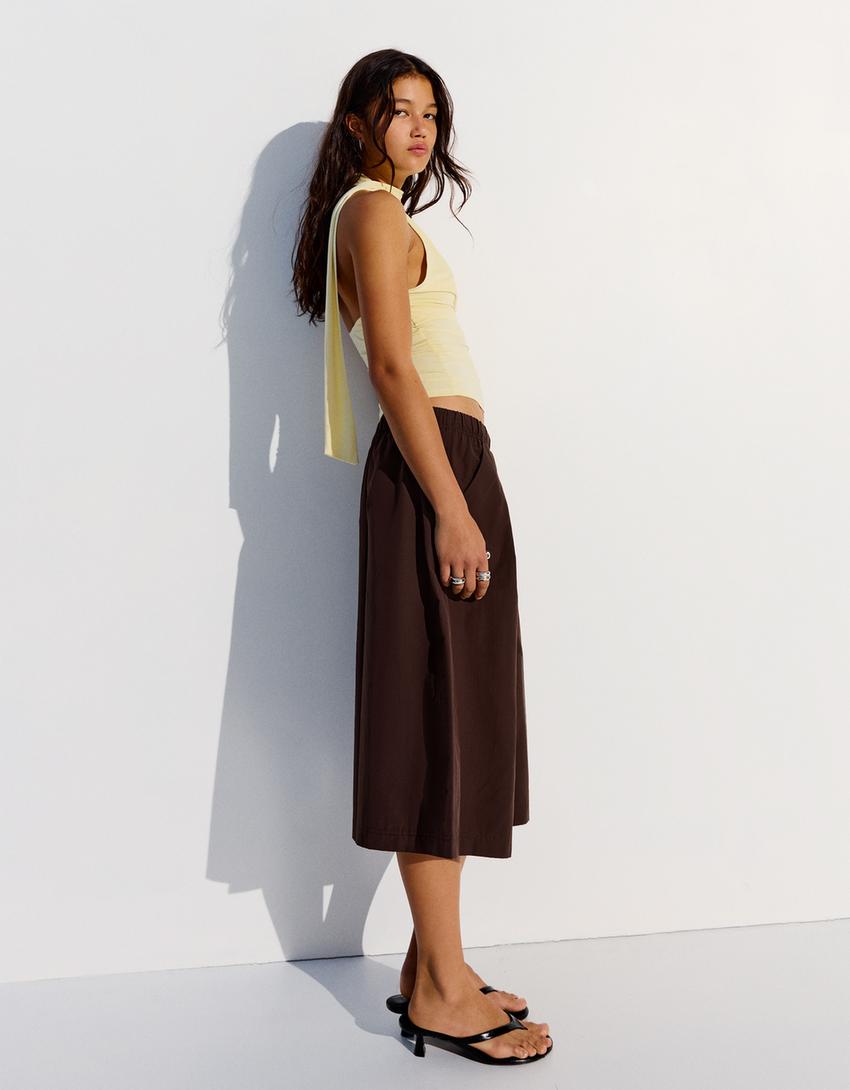 Bermuda culottes with elasticated waistband-Brown