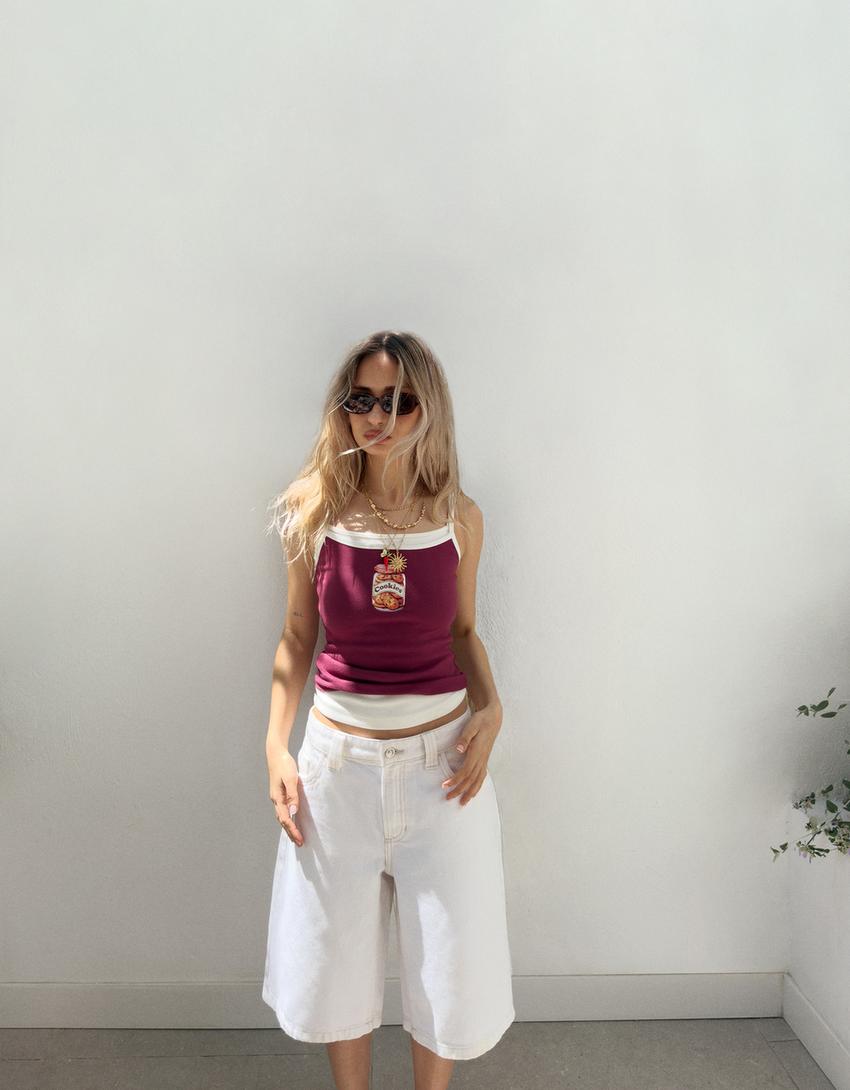 Contrast printed strappy top-Burgundy-0