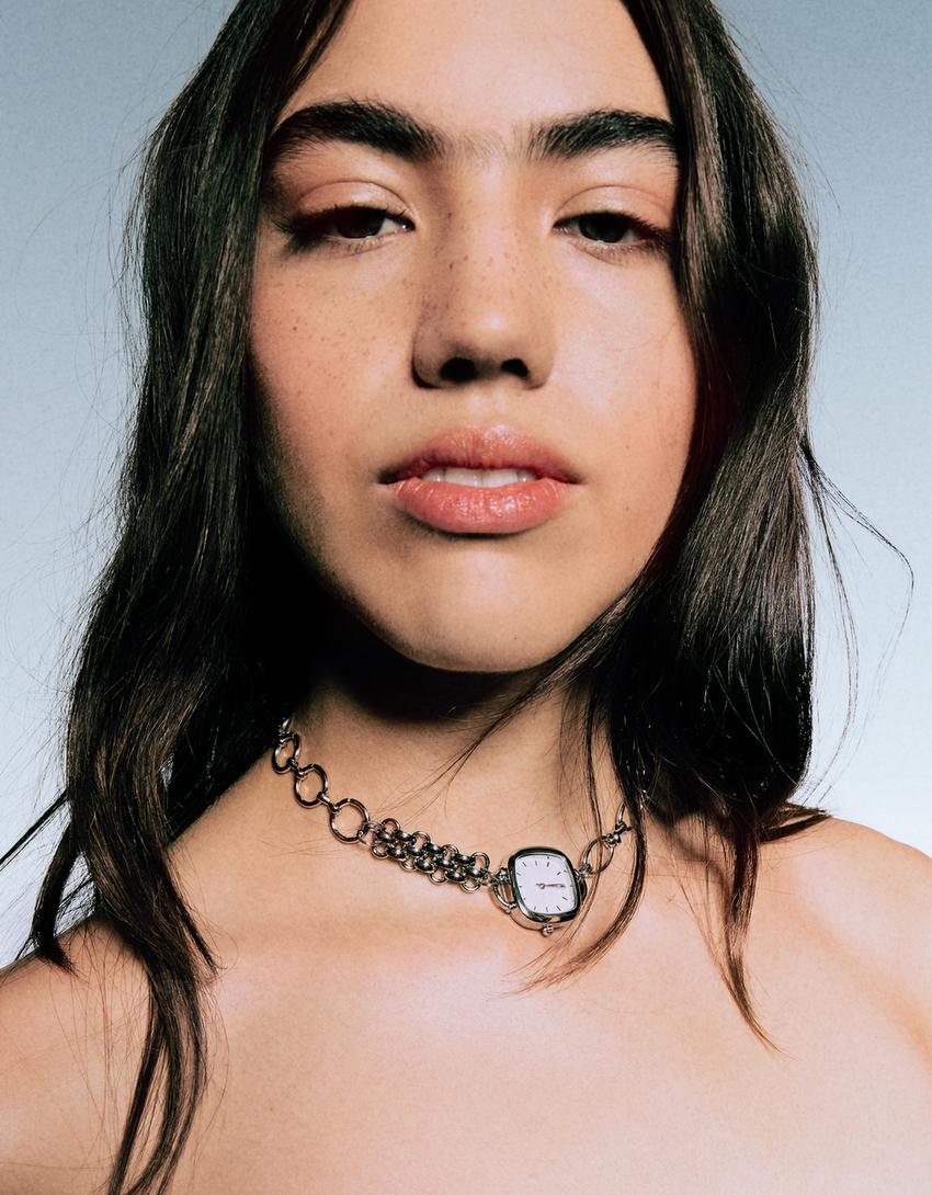 Náhrdelník choker Signature Edition s hodinkami-Stříbrná