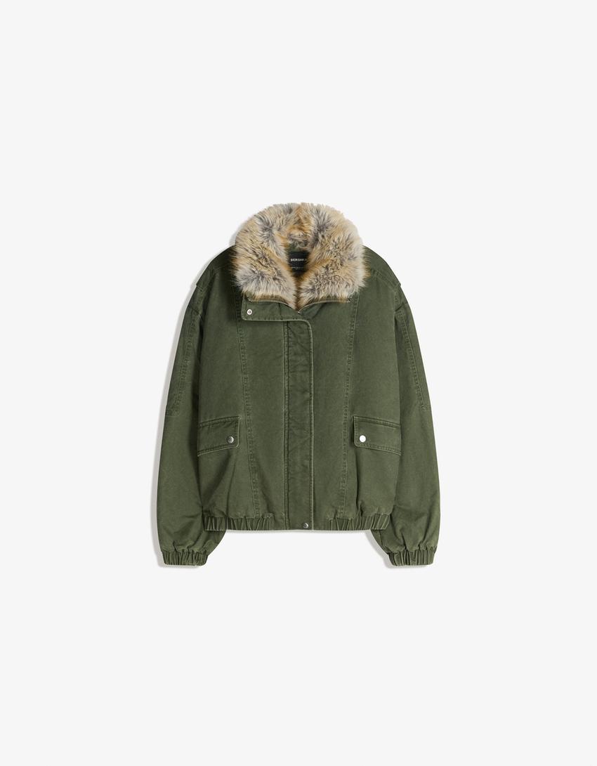 Jacket with faux fur collar-Khaki
