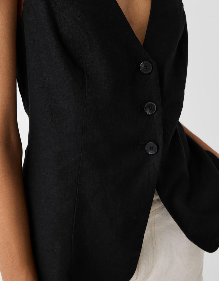 Жилетка по тялото с примес на лен-Черно-5