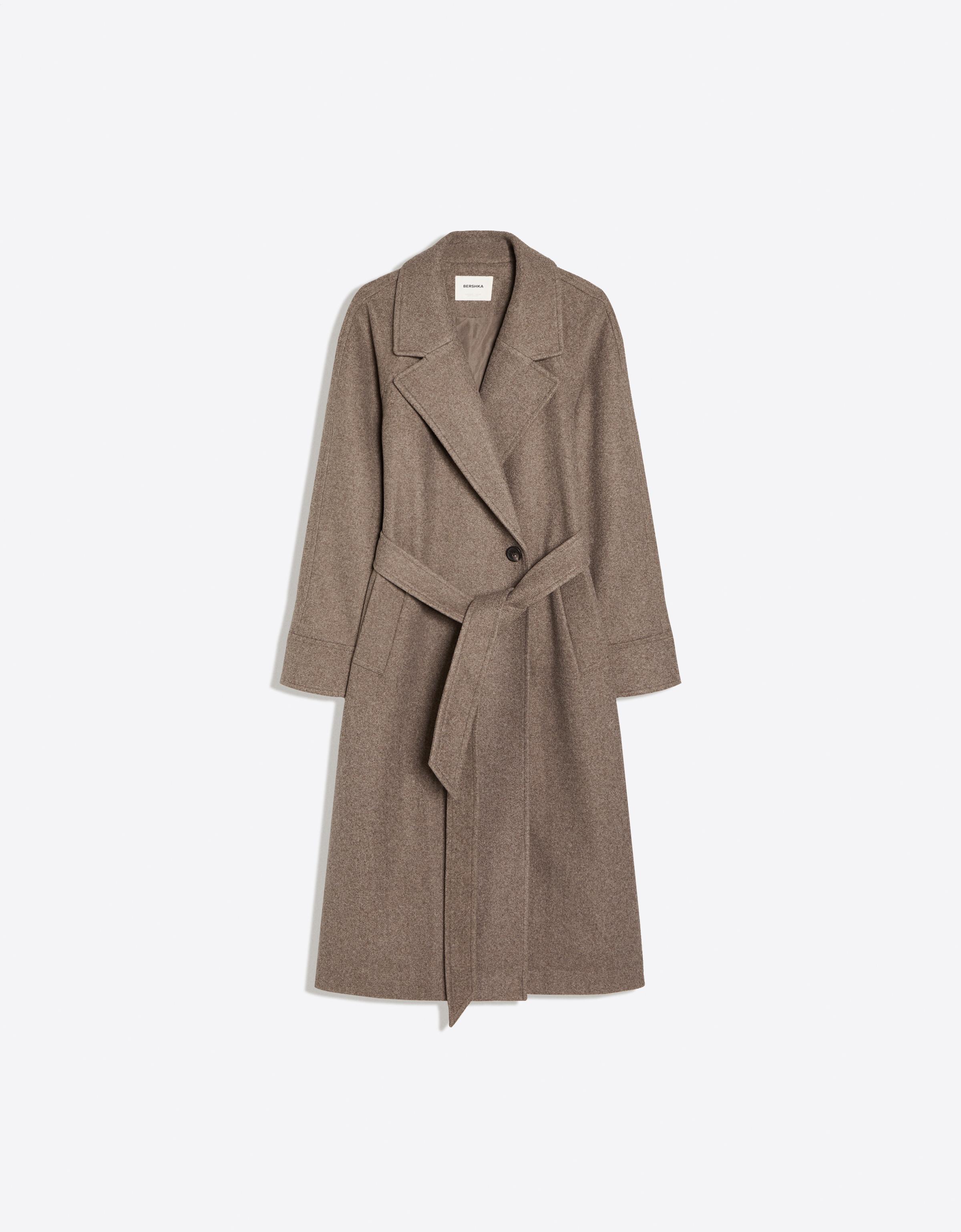 Bershka Abrigo Largo Soft Cinturón Mujer S Marrón