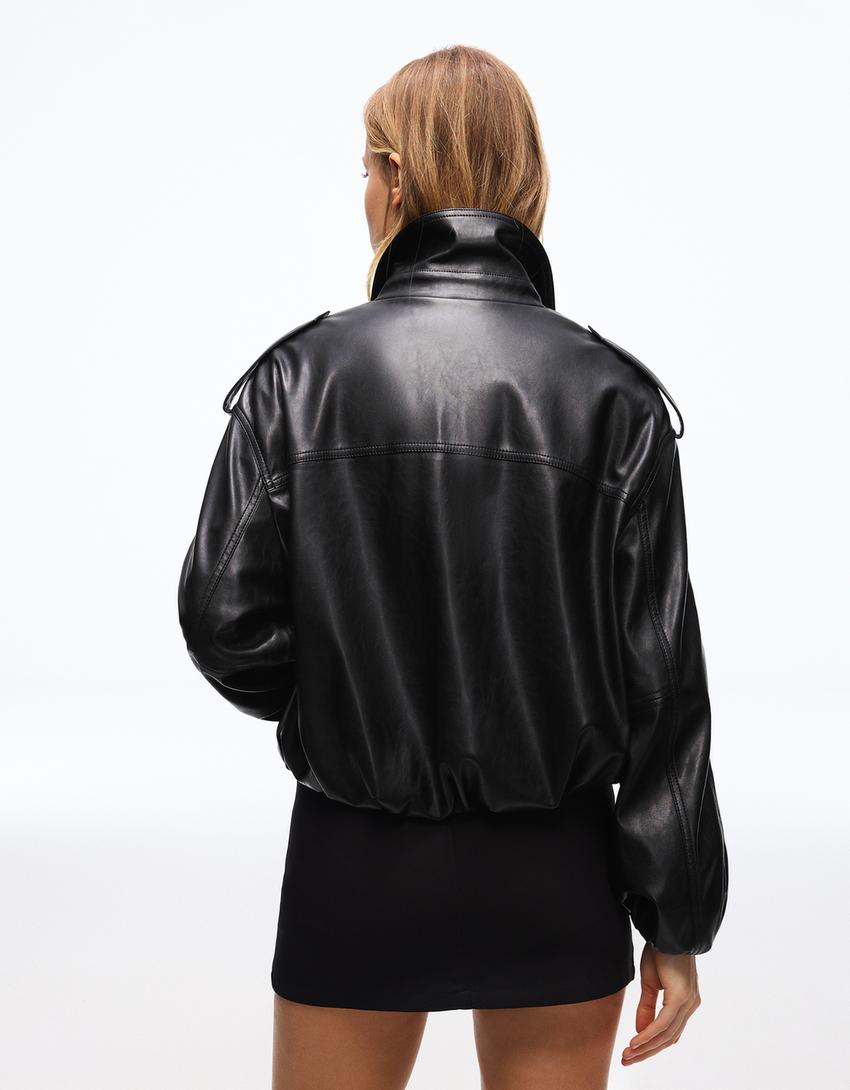 Balloon faux leather jacket-Black