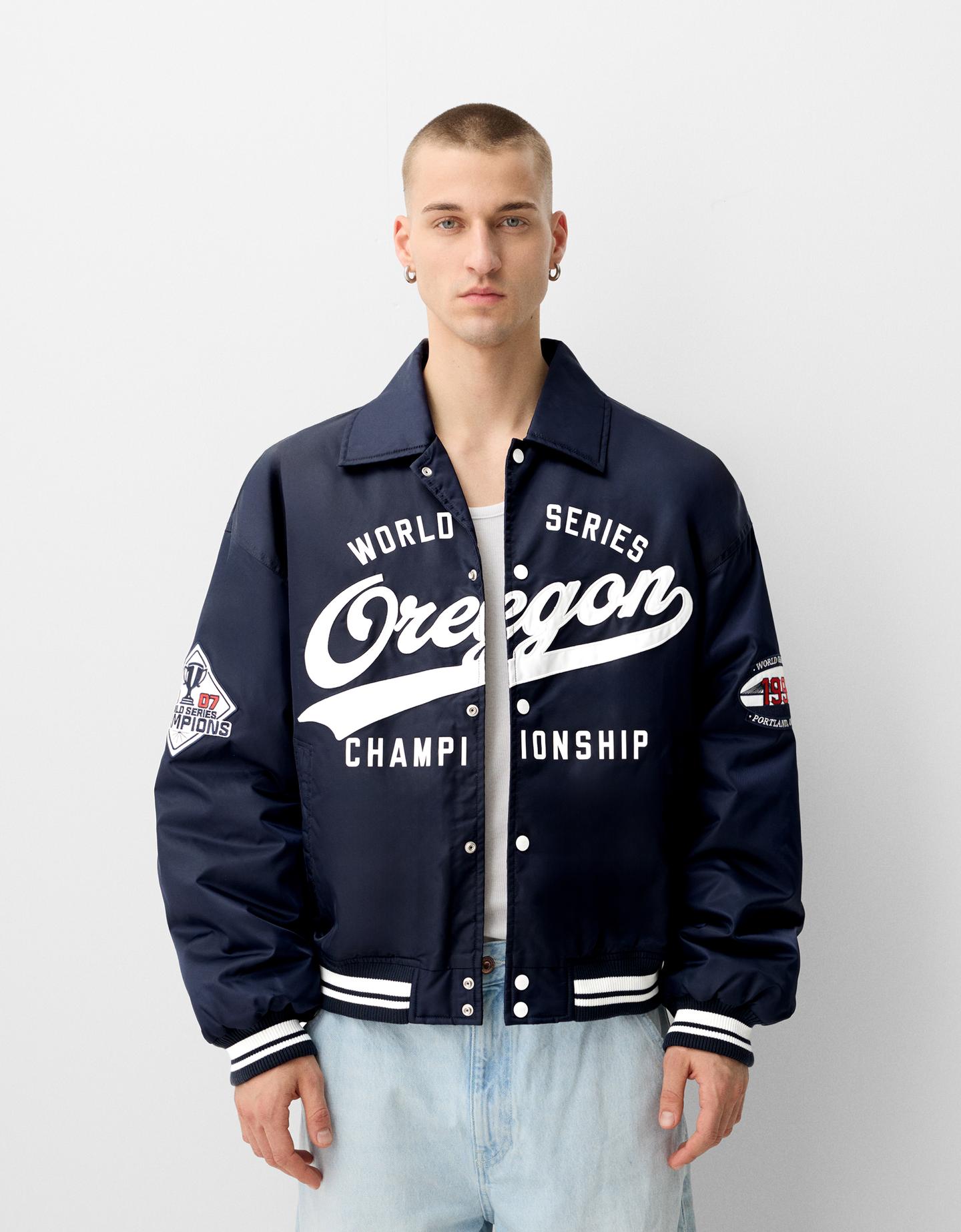 Bershka Cazadora Bomber Varsity Hombre L Marino