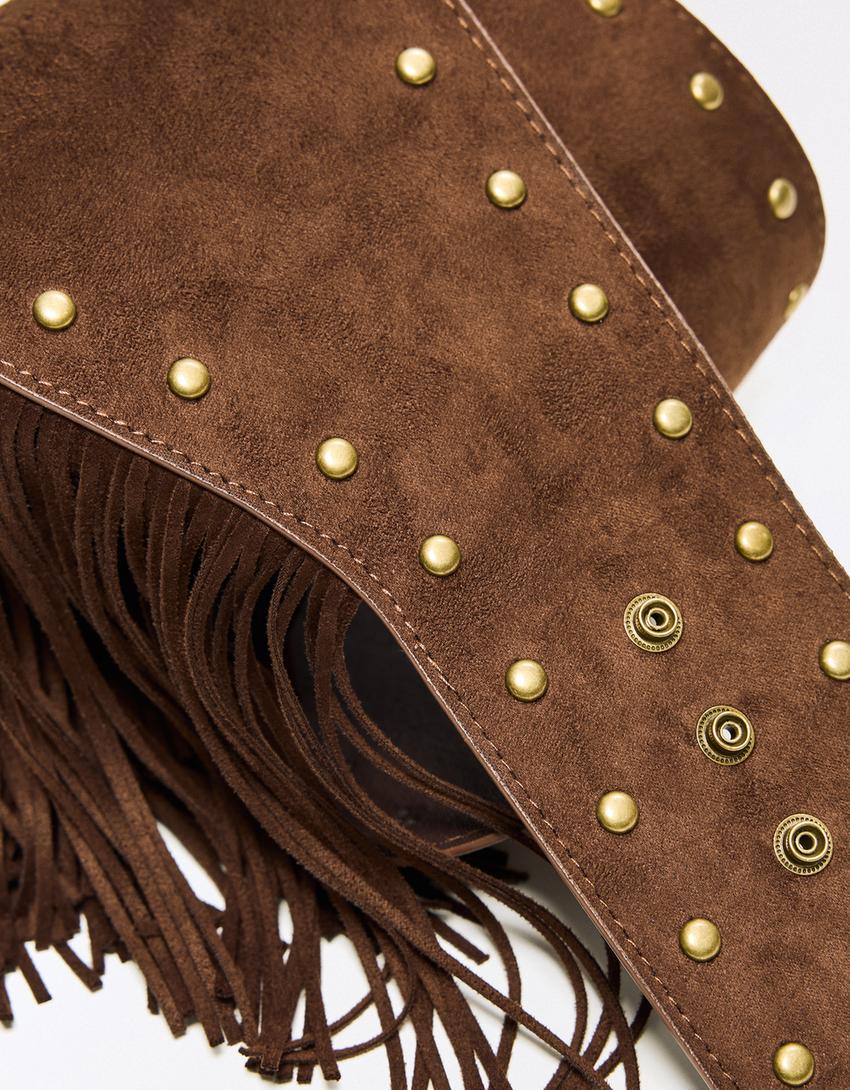 Faux suede fringe belt-Brown