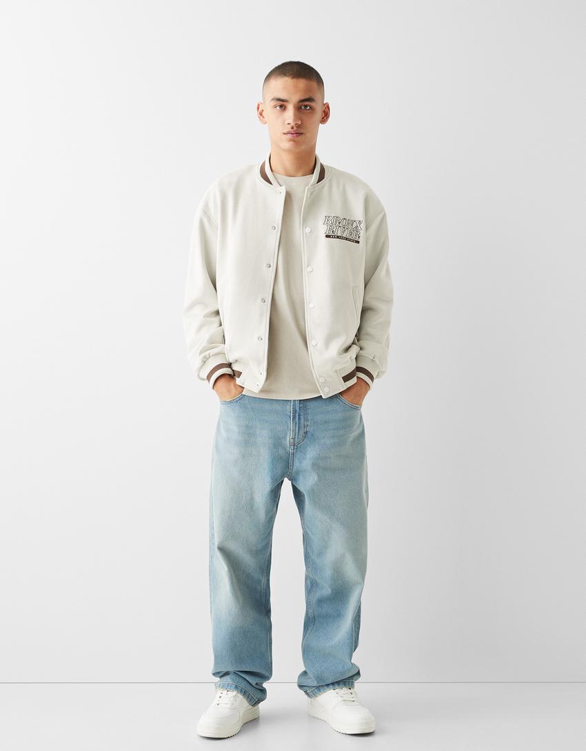 Faux suede embroidered bomber jacket-Stone