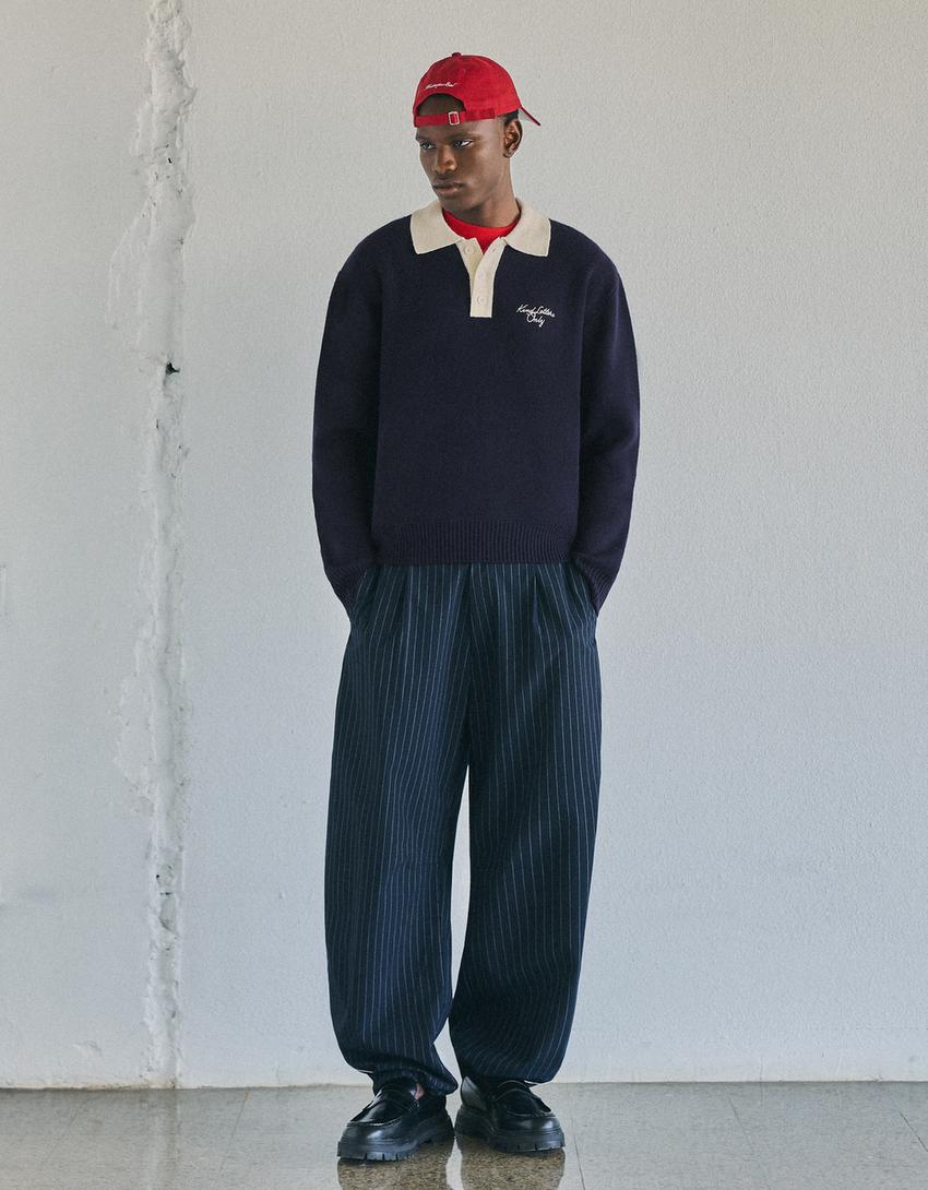 Contrast embroidered polo collar jumper-Navy