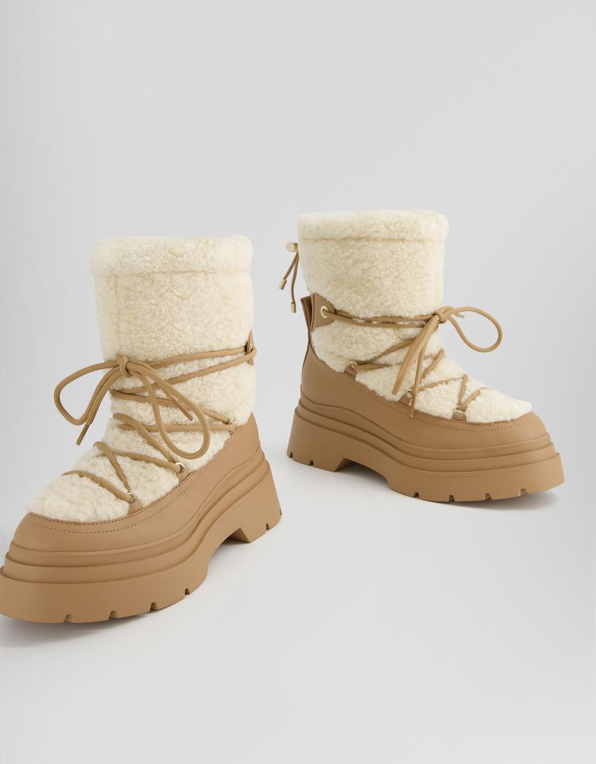 Contrast faux shearling ankle boots with lace-up detail-Multicolored-4