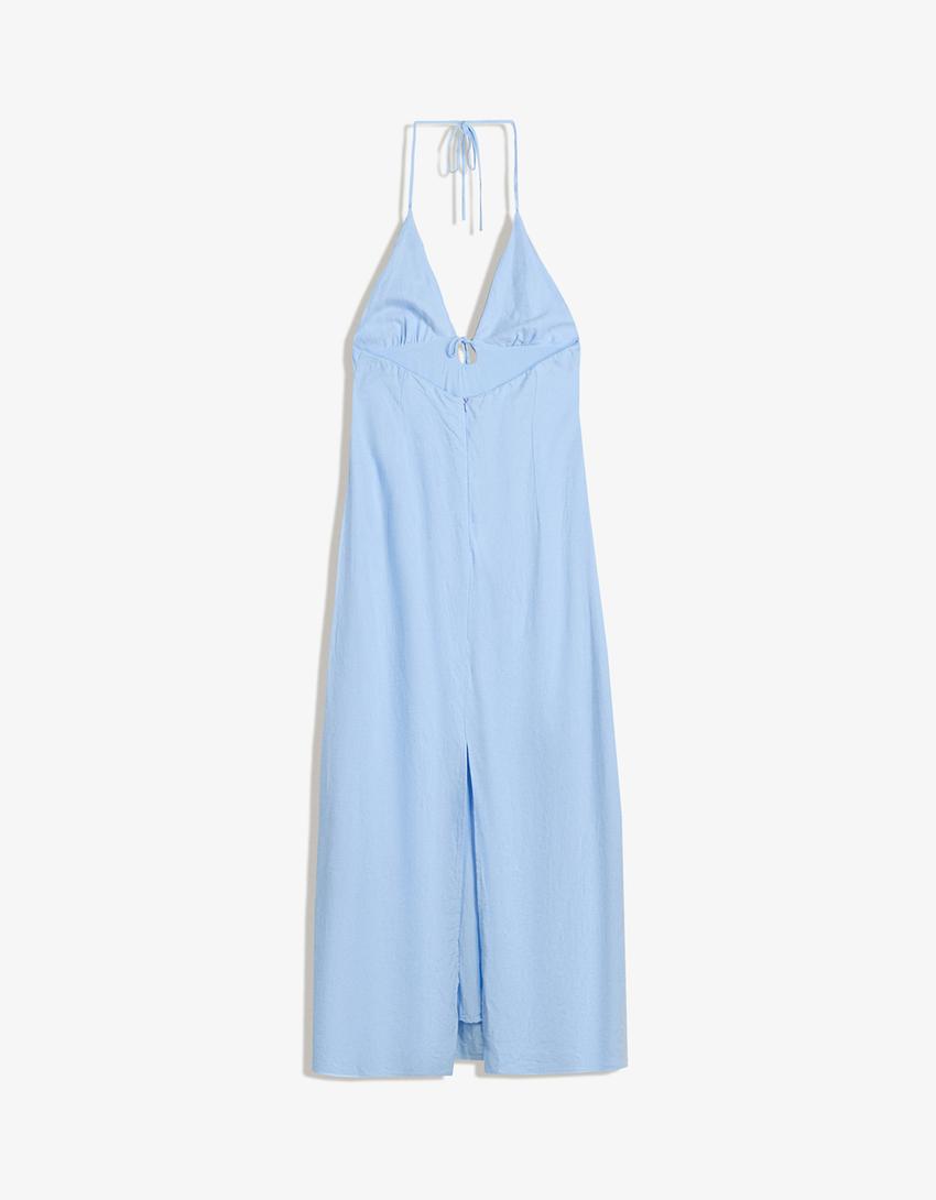 Vestido midi halter lazada con lino-Azul Claro-1