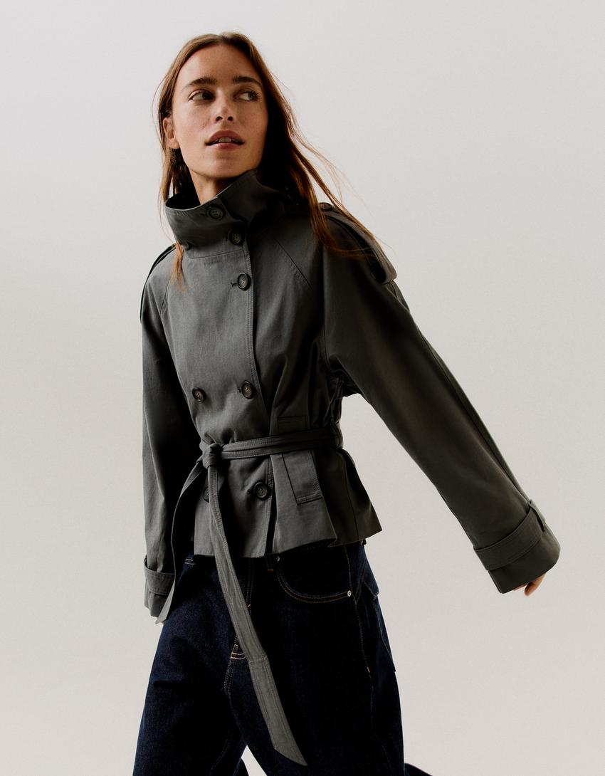 Funnel neck trench coat-Dark grey