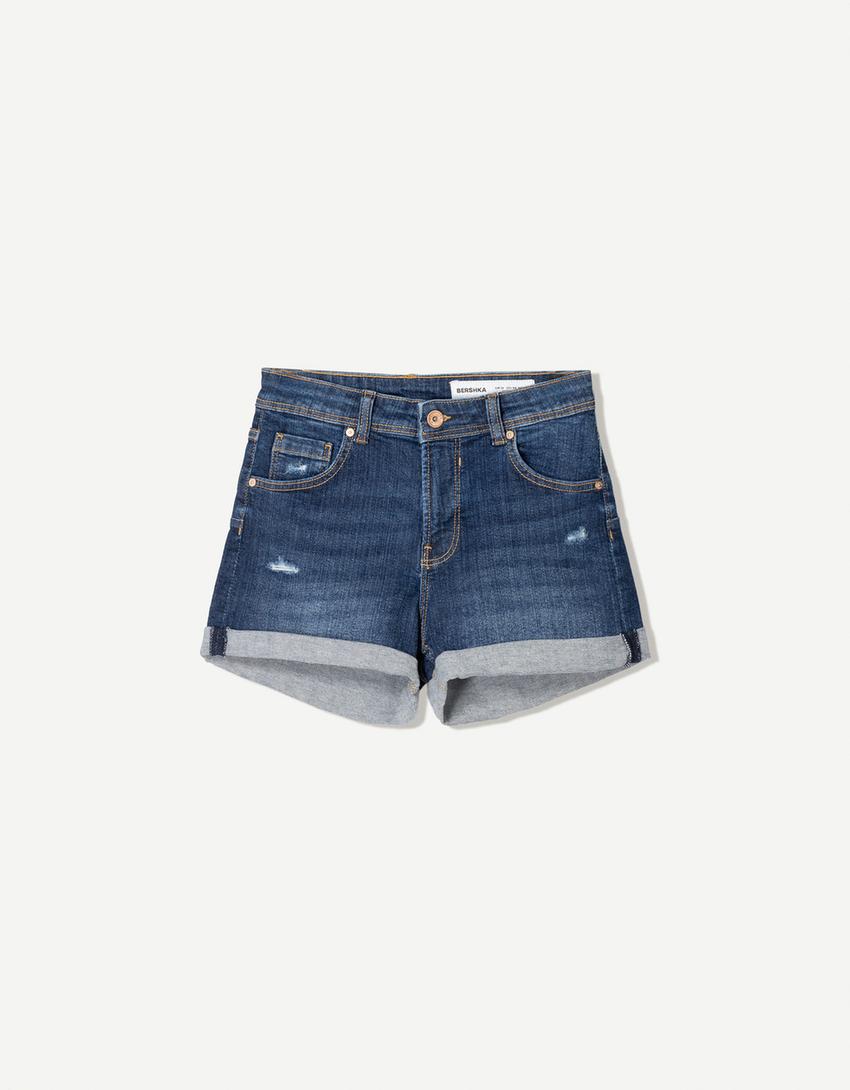 Roll-up denim shorts-Blue