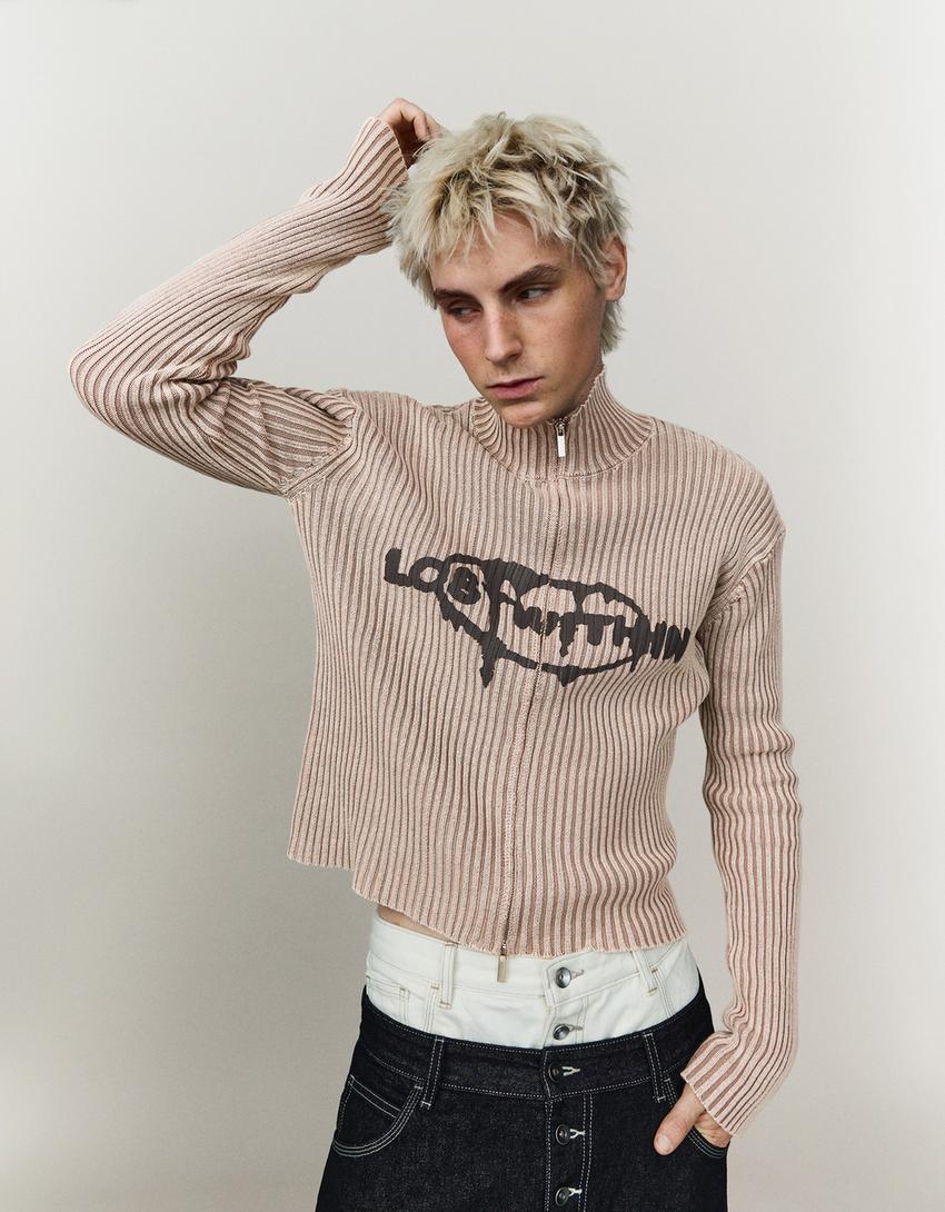 Printed zip-up jacket-Beige